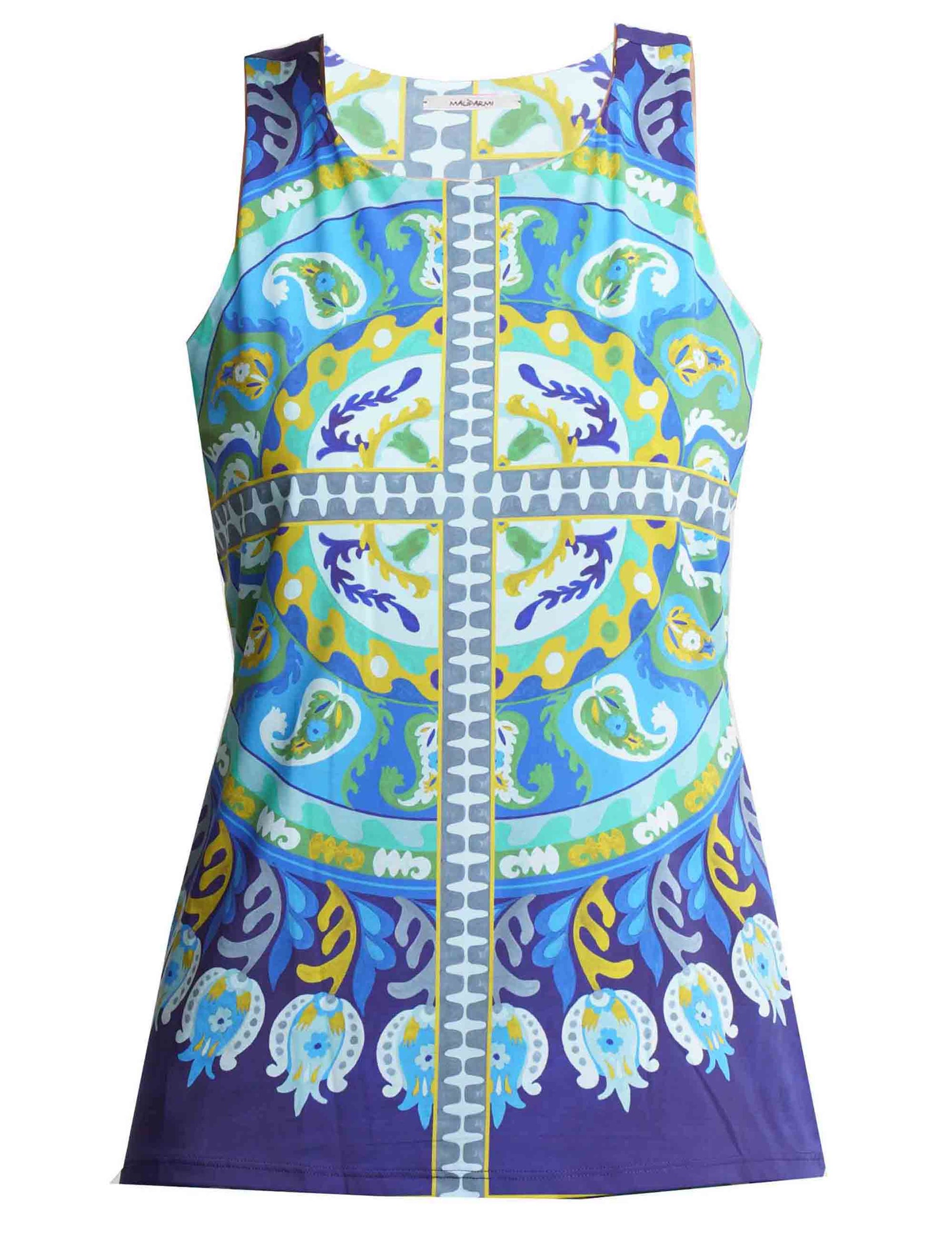 Suzani Crown women's top in patterned ultralight blue jersey
