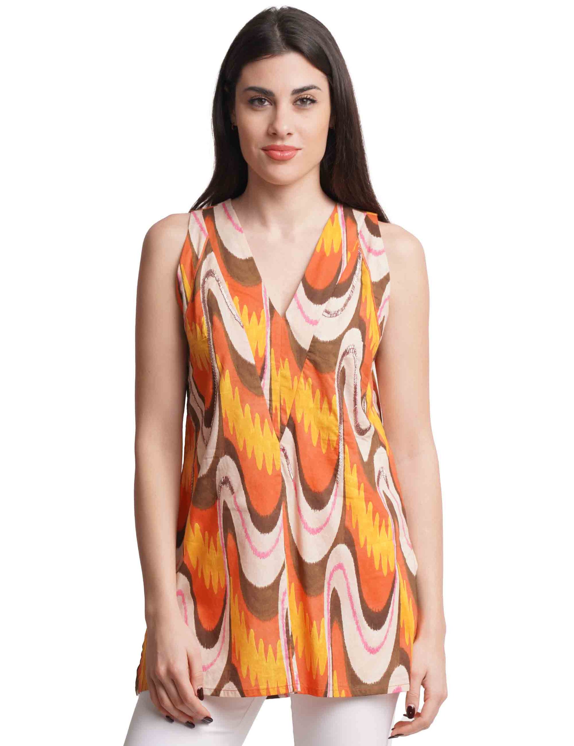 Ikat Wave Muslin women's top in orange patterned cotton