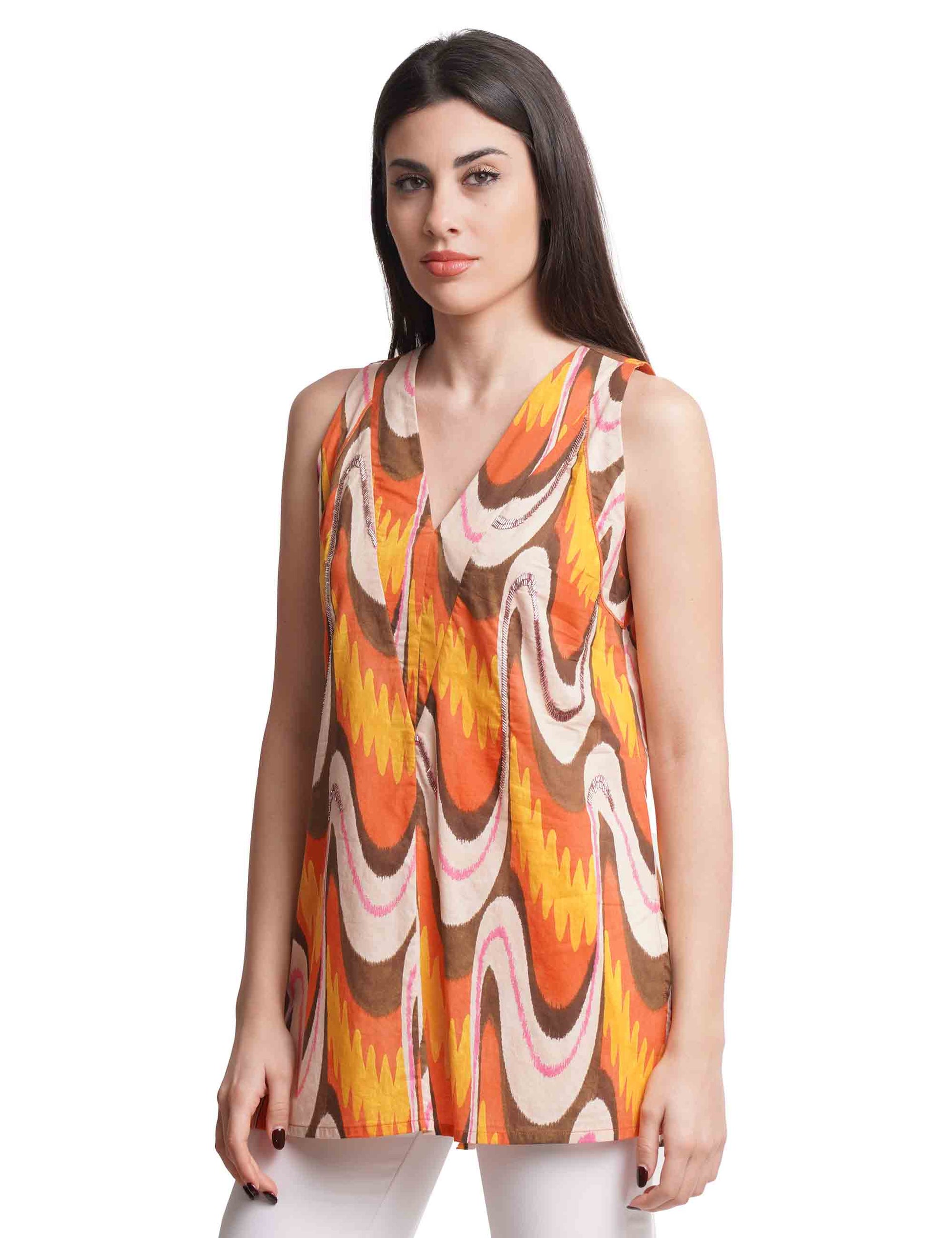 Ikat Wave Muslin women's top in orange patterned cotton