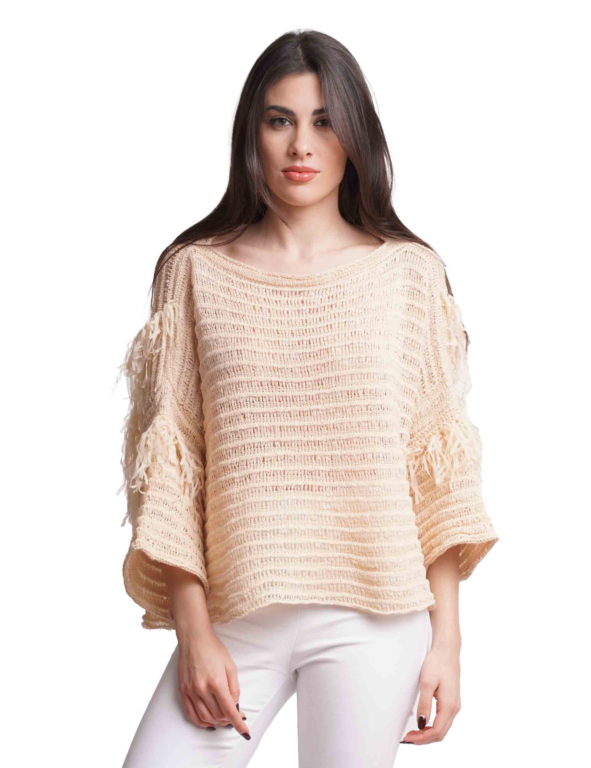 Women's Superlight Ribbon sweaters in beige fabric with 3/4 sleeves and fringes