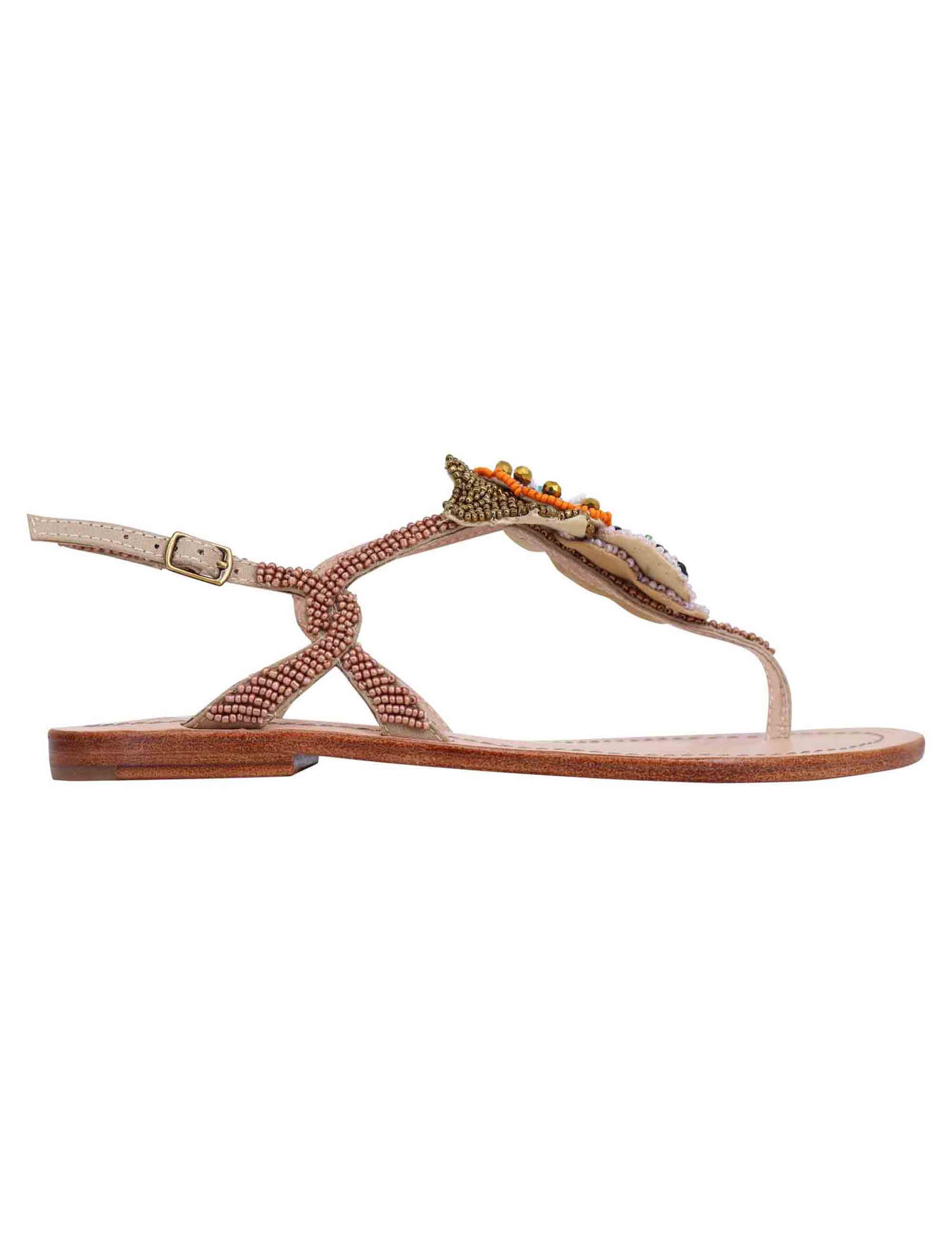 Women's flat flip-flop sandals in pink and multi beads with leather sole