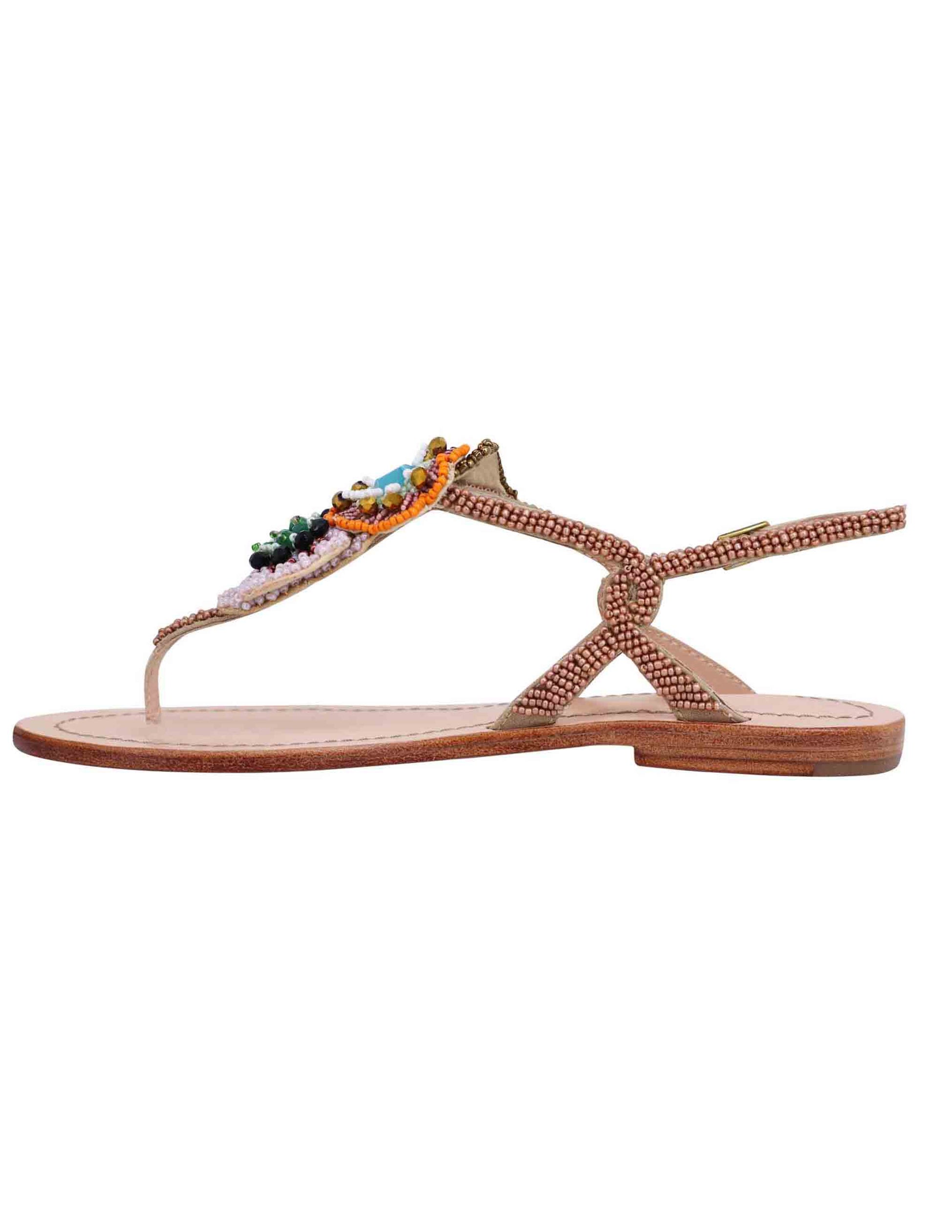 Women's flat flip-flop sandals in pink and multi beads with leather sole