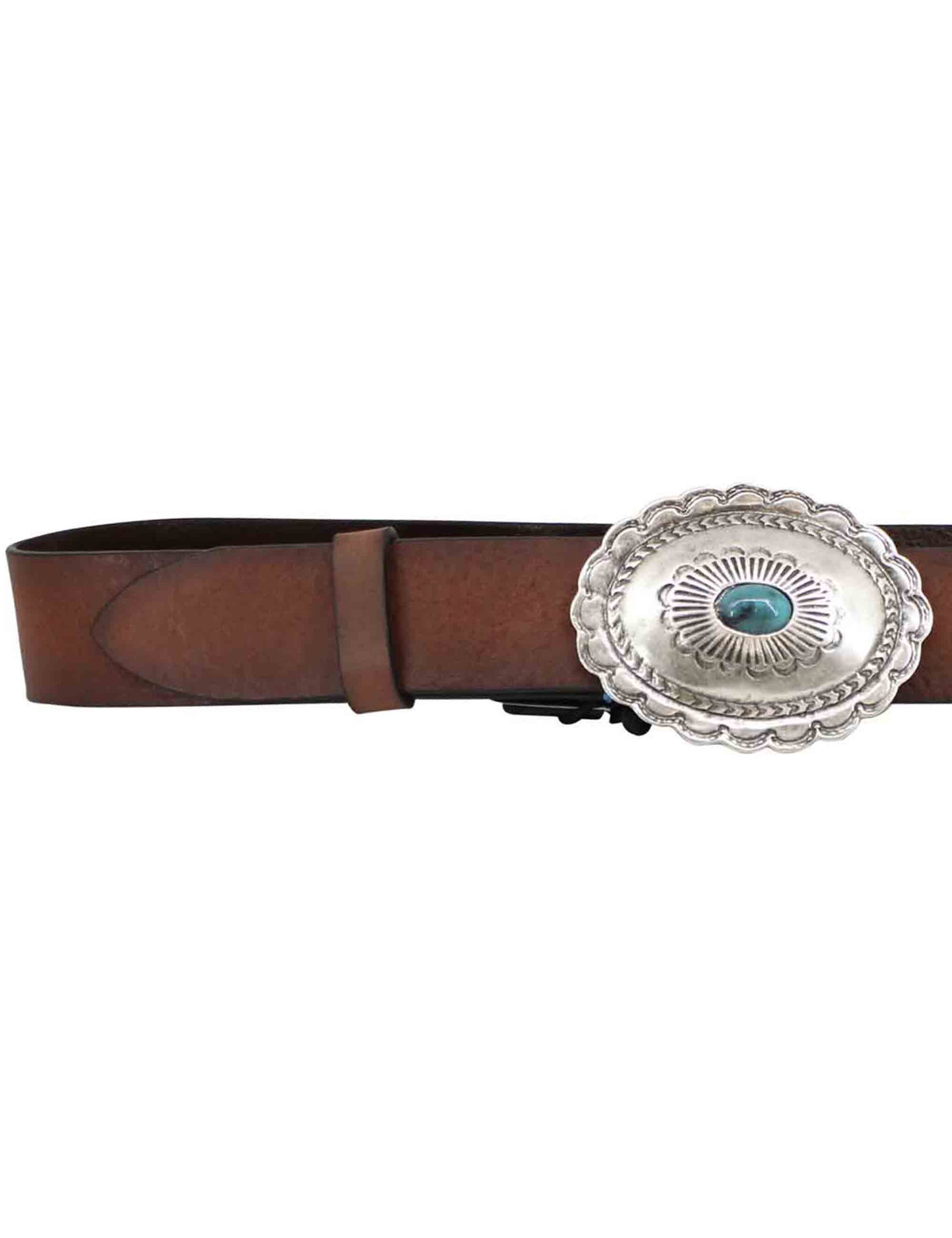 Women's tan leather belts with silver and turquoise buckle