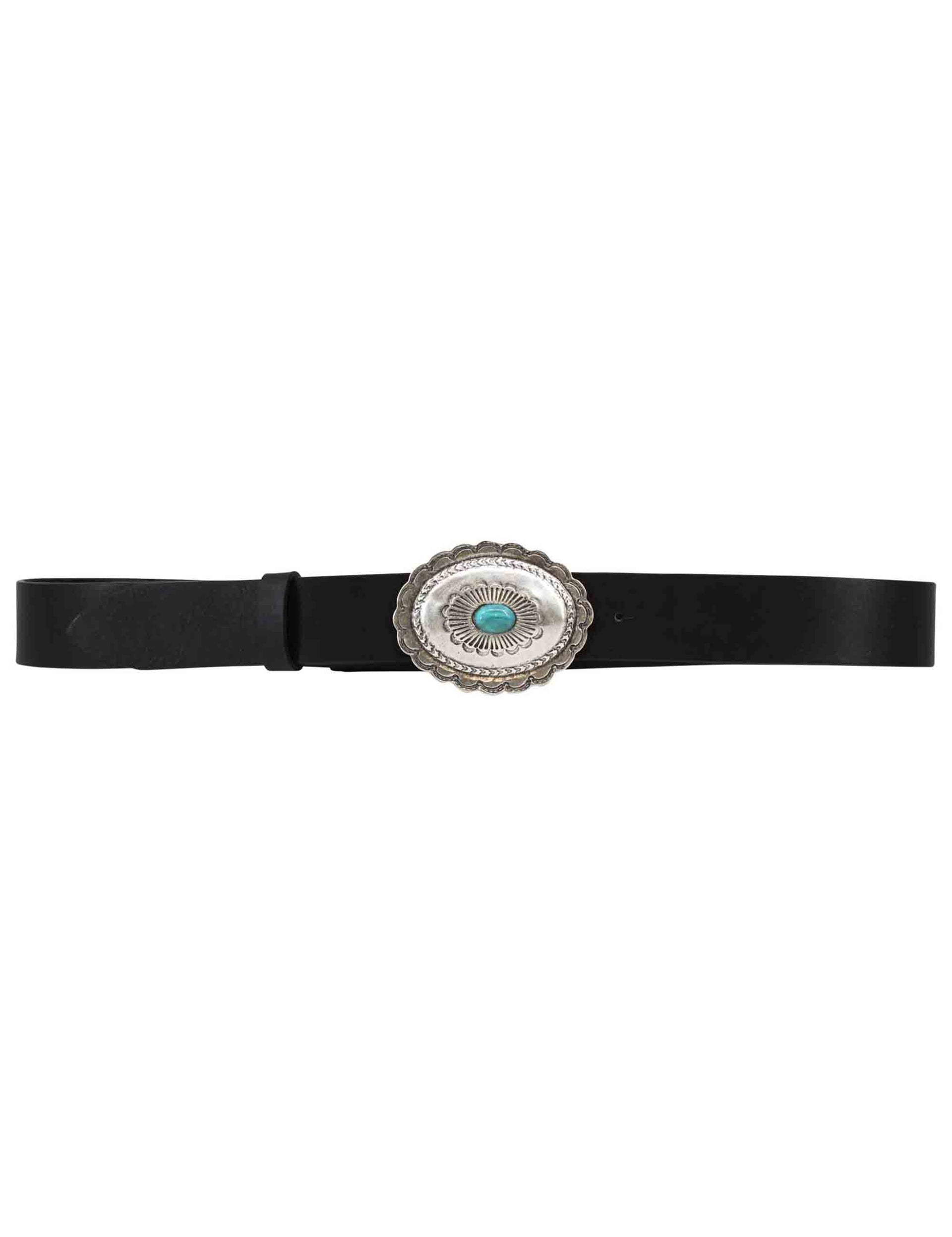 Women's black leather belts with silver and turquoise buckle