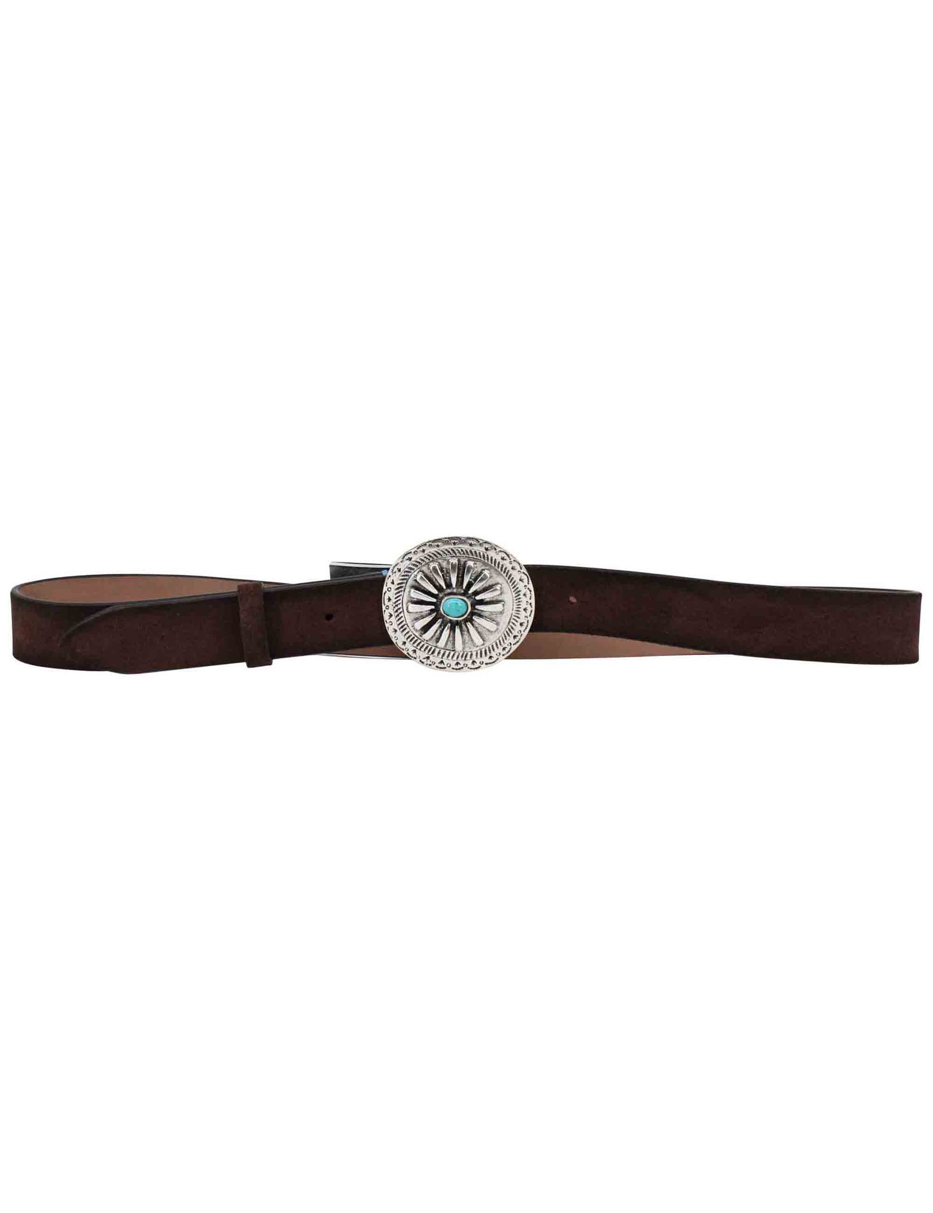 Women's belts in dark brown leather with silver and turquoise buckle