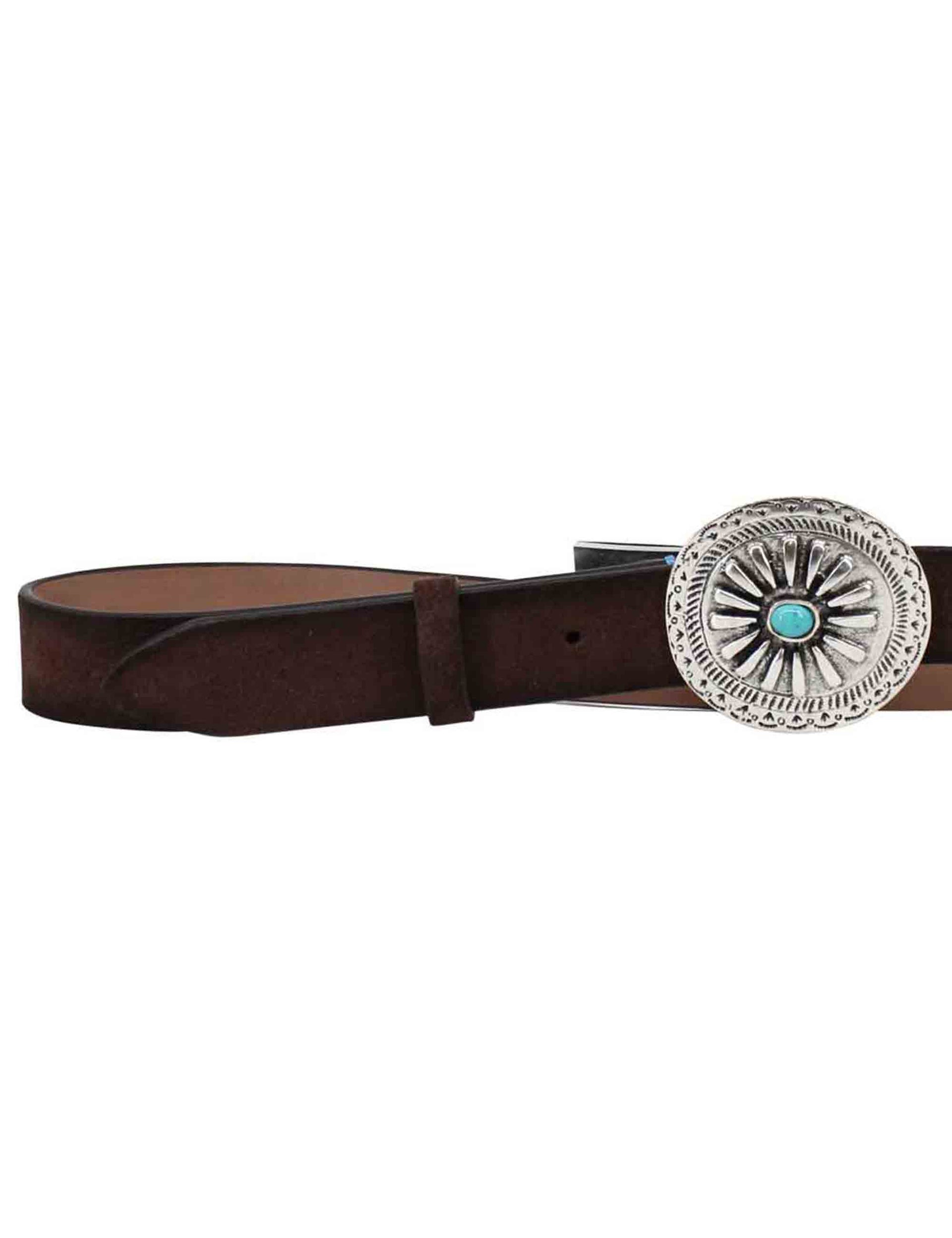 Women's belts in dark brown leather with silver and turquoise buckle