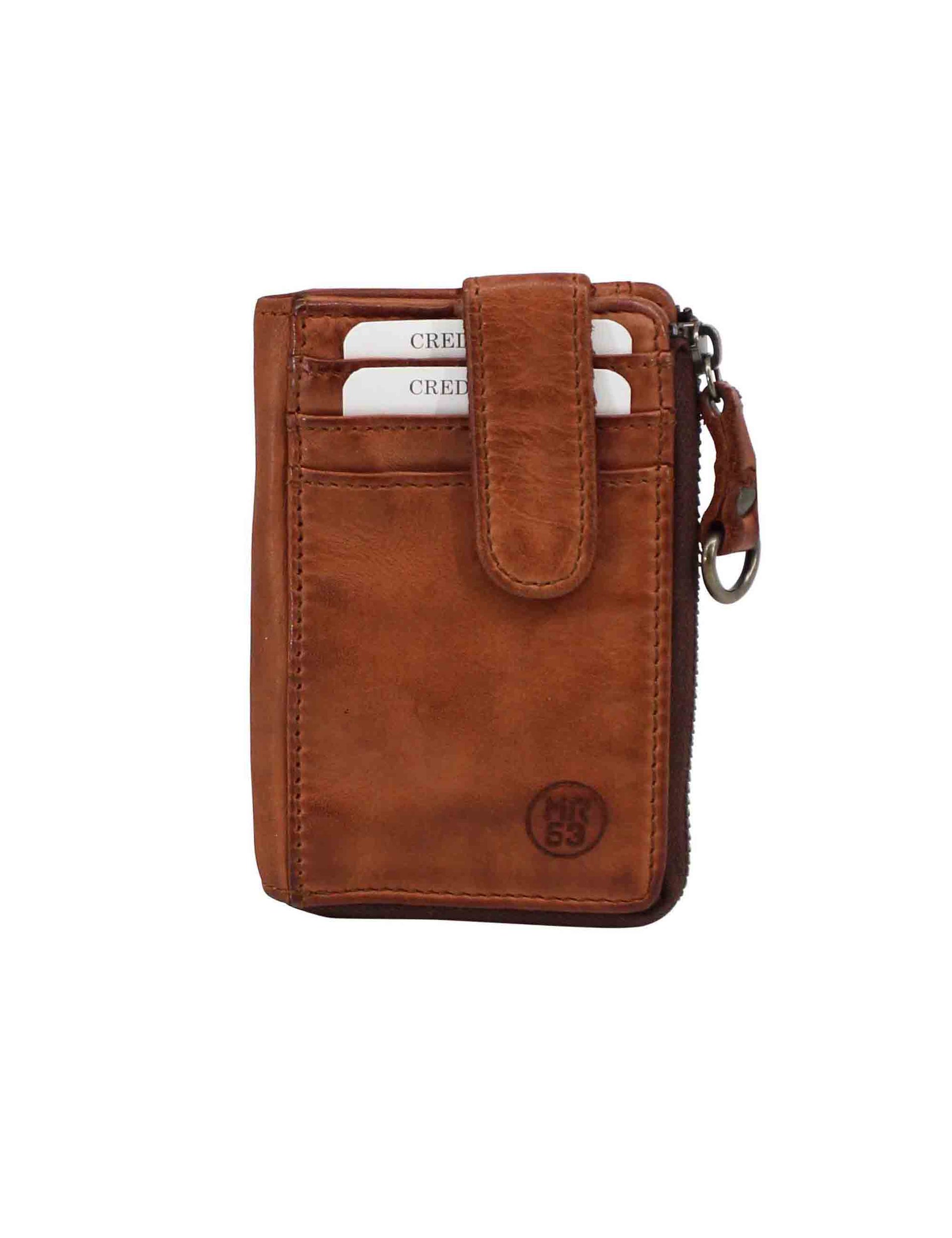 Men's card holder with zip in vintage tan leather