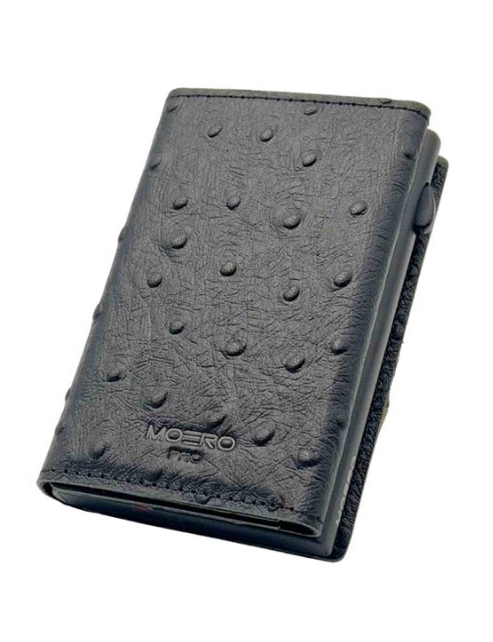Black ostrich leather card holder with coin purse