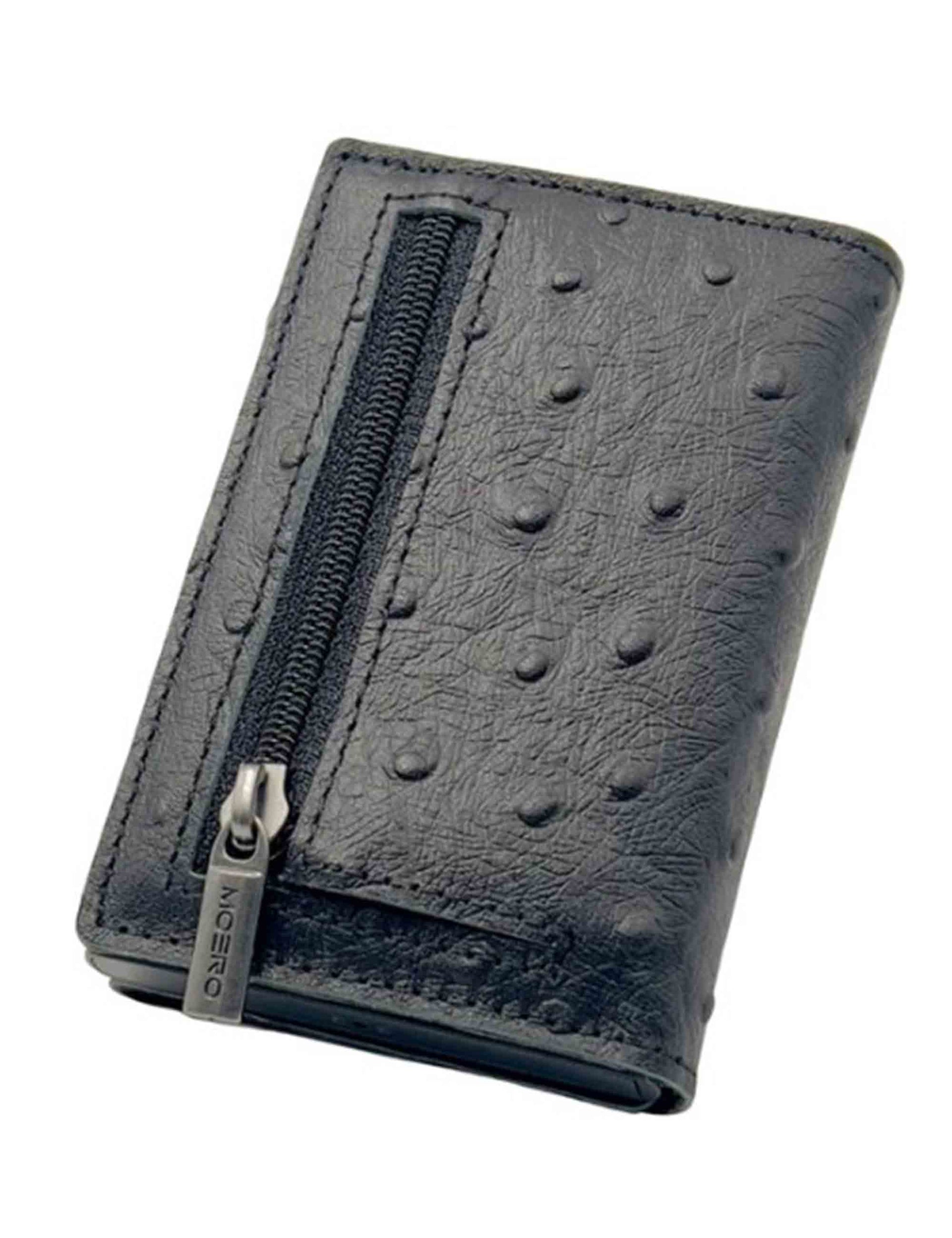 Black ostrich leather card holder with coin purse