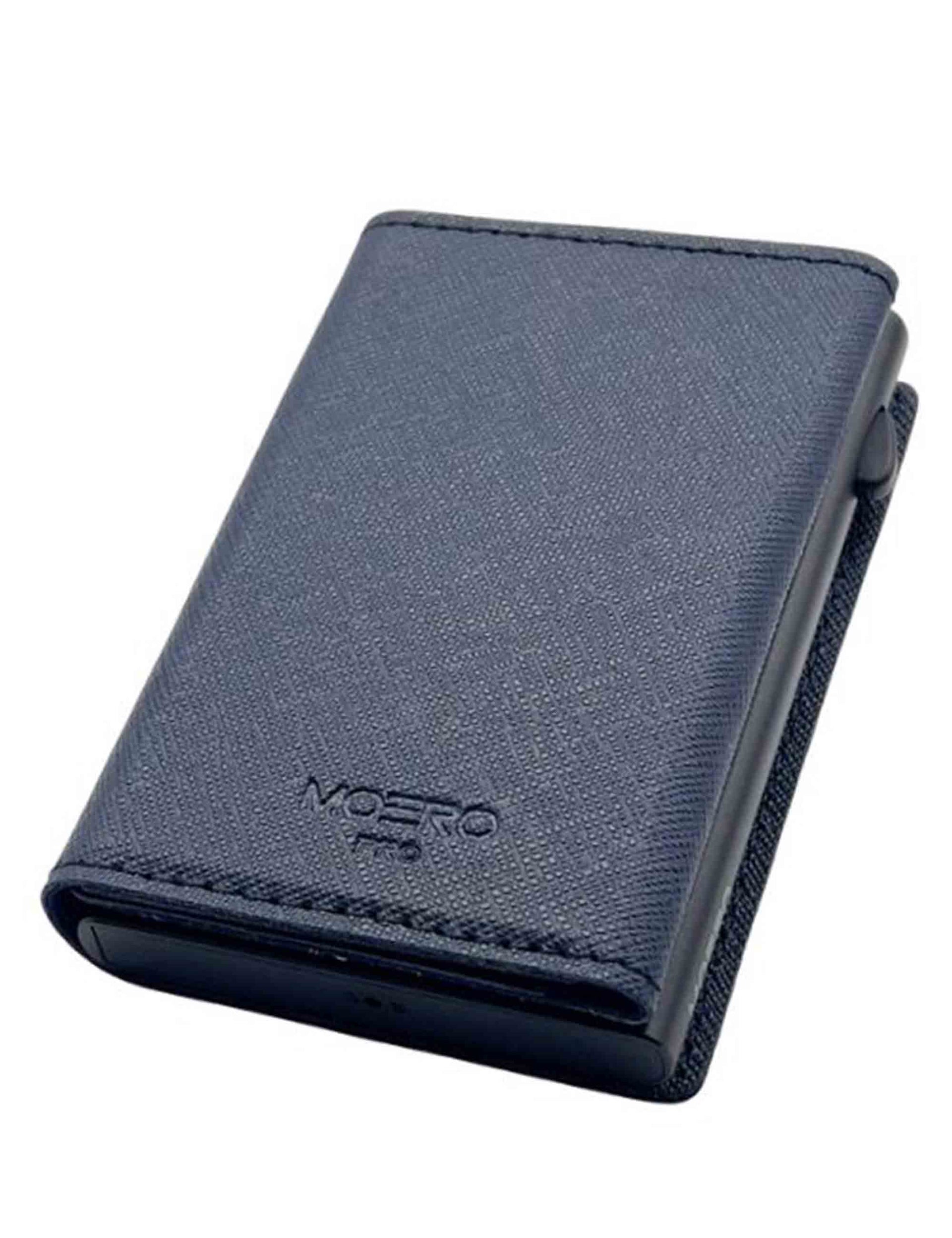 Pro card holder in scratch-resistant blue saffiano leather with coin pocket