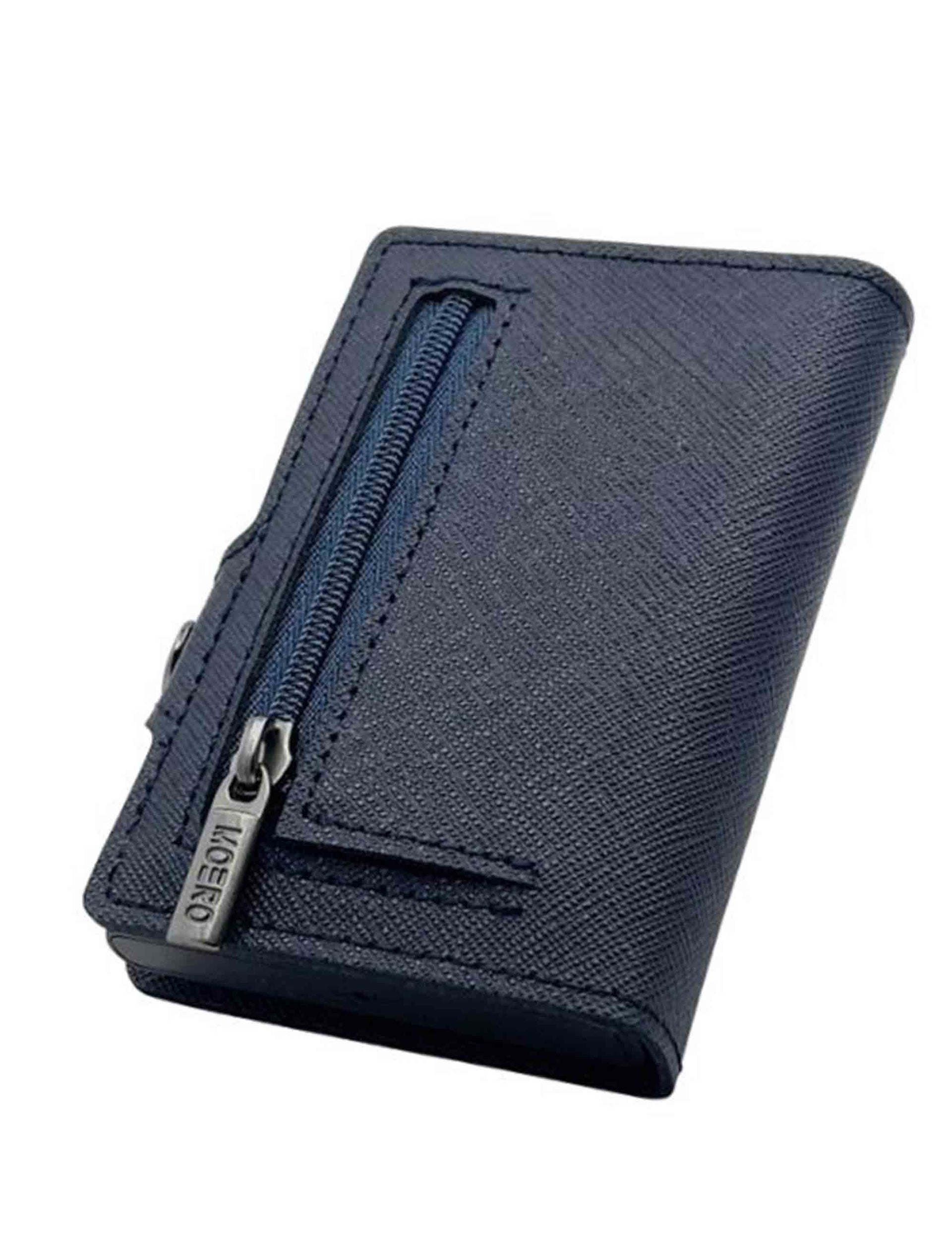 Scratch-resistant navy blue saffiano leather card holder with coin purse