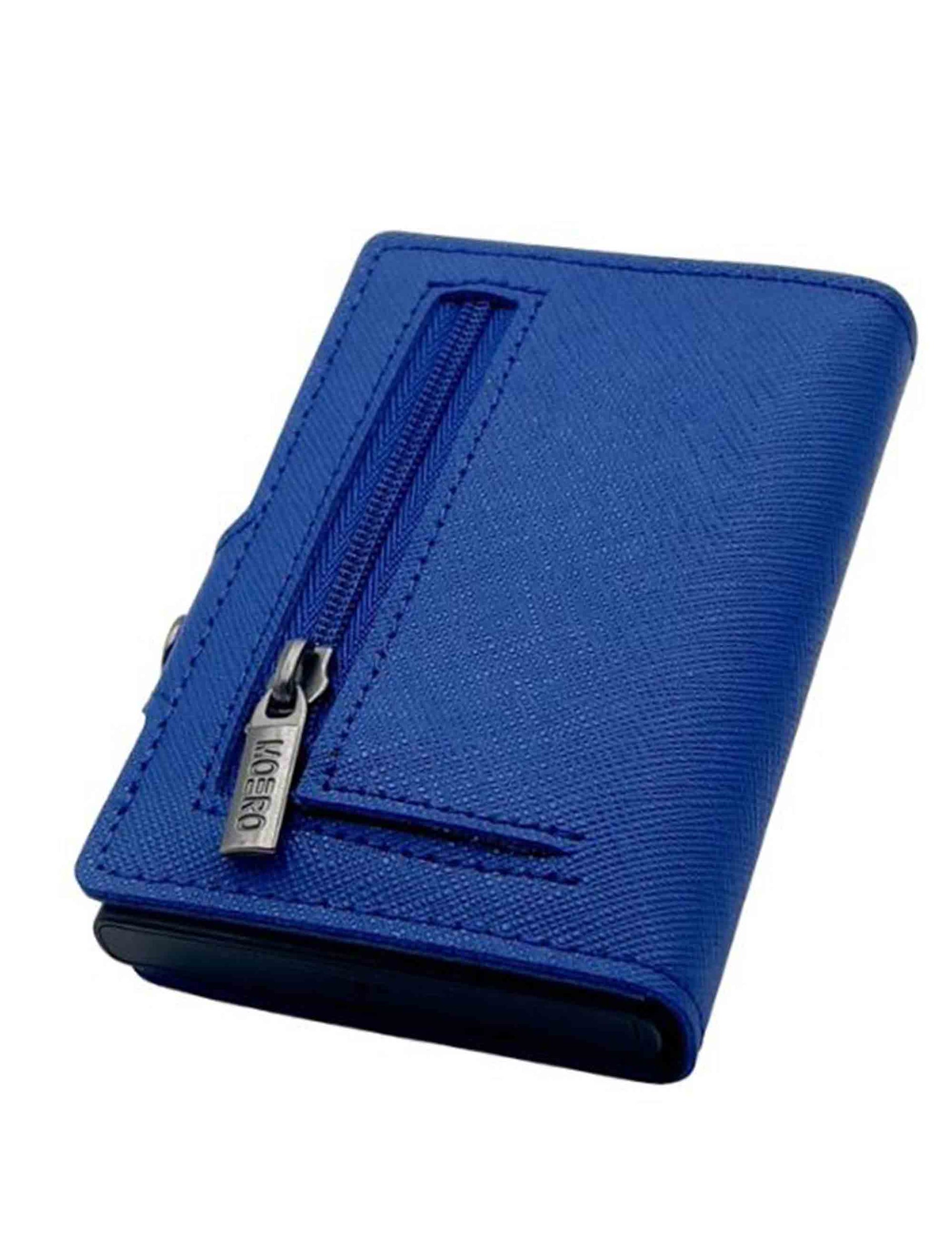 Scratch-resistant blue saffiano leather card holder with coin purse