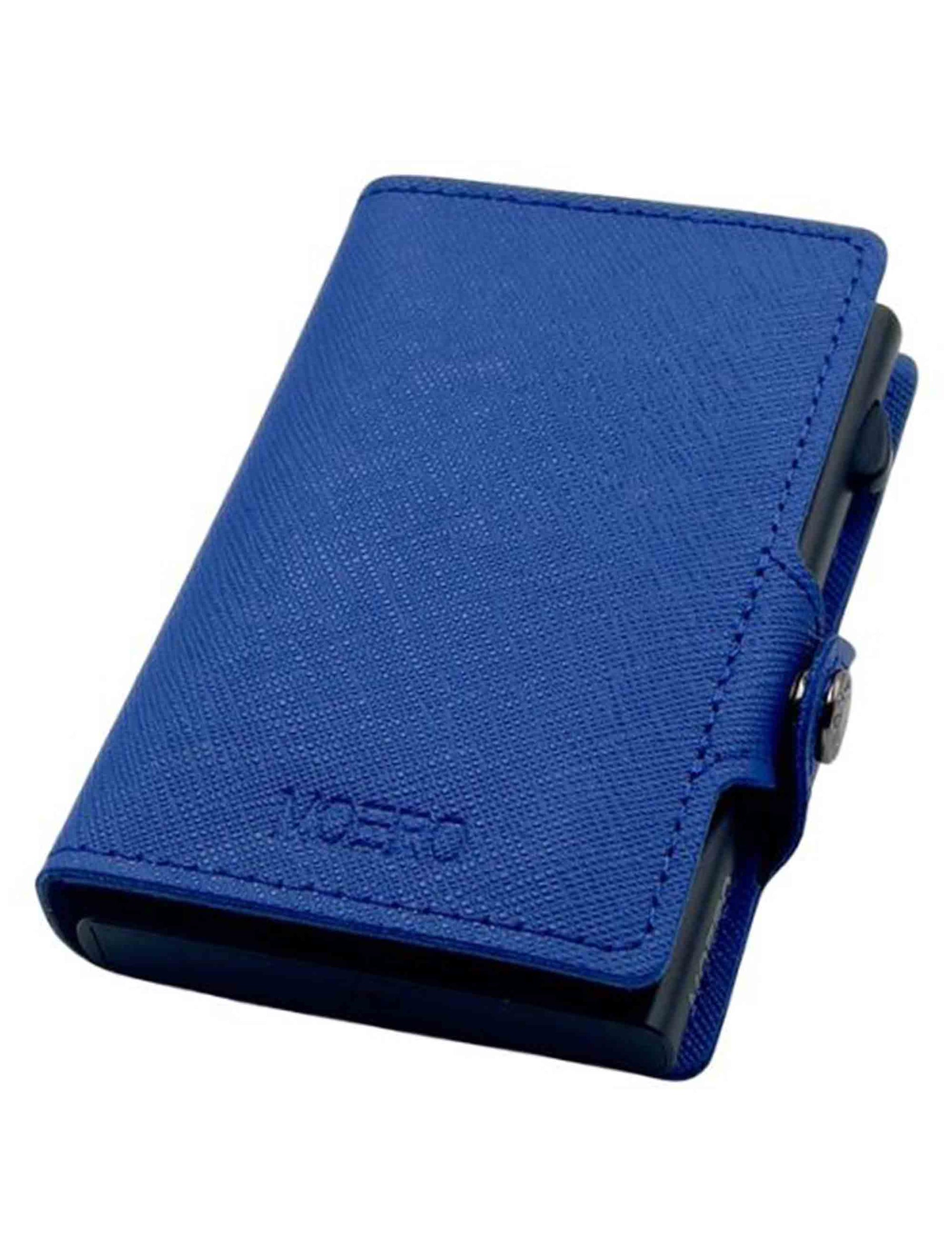 Scratch-resistant blue saffiano leather card holder with coin purse