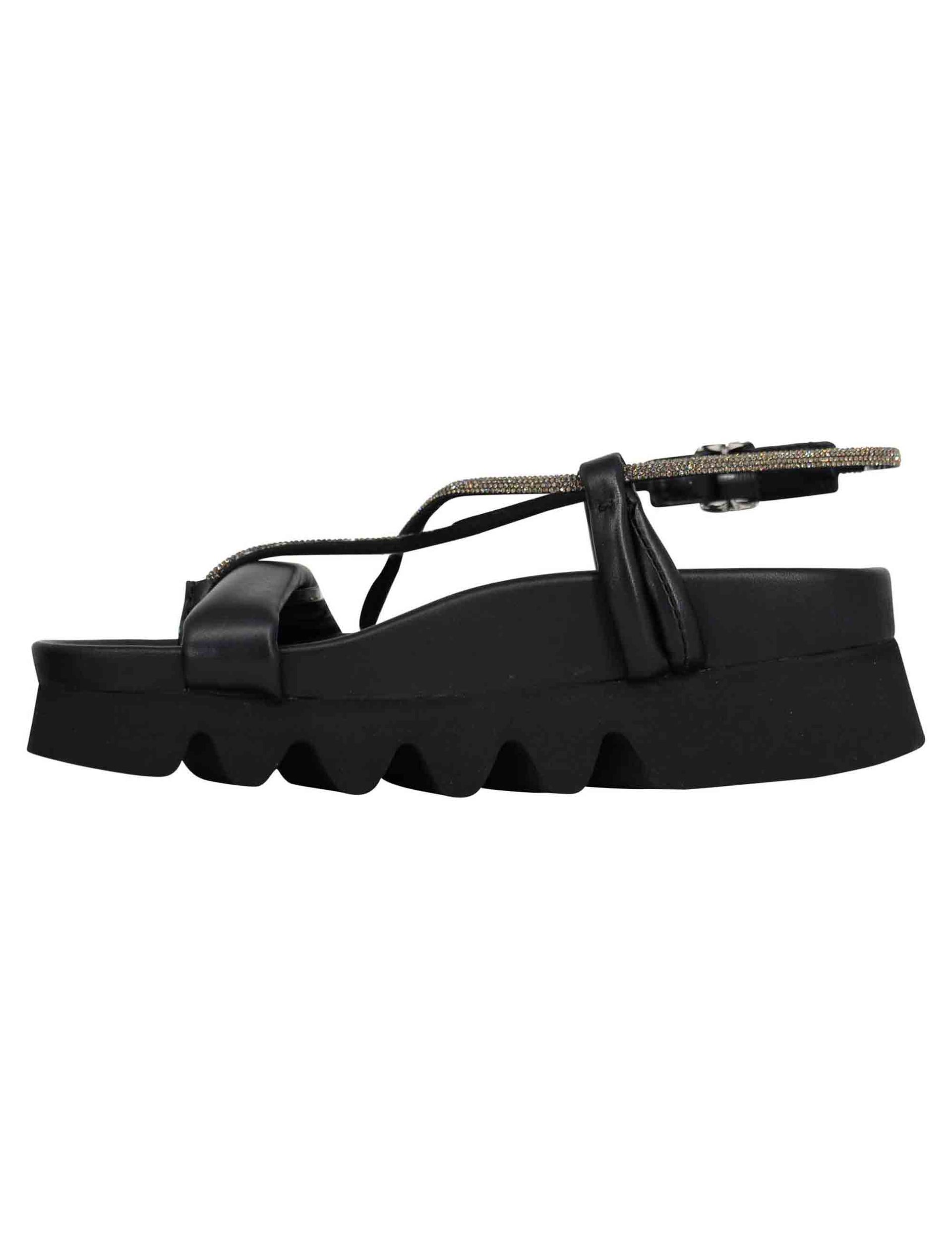 Women's black leather thong sandals with rhinestone straps and lug sole