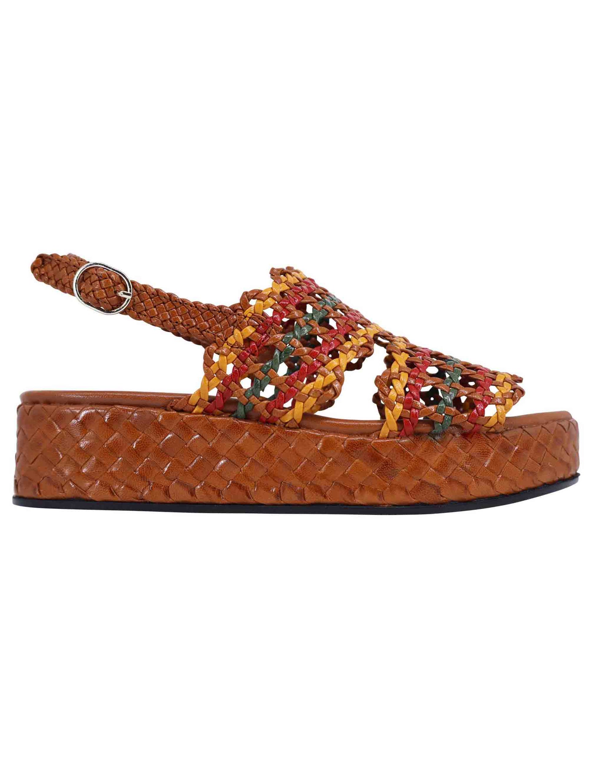 Women's woven tan leather sandals with wedge and back strap