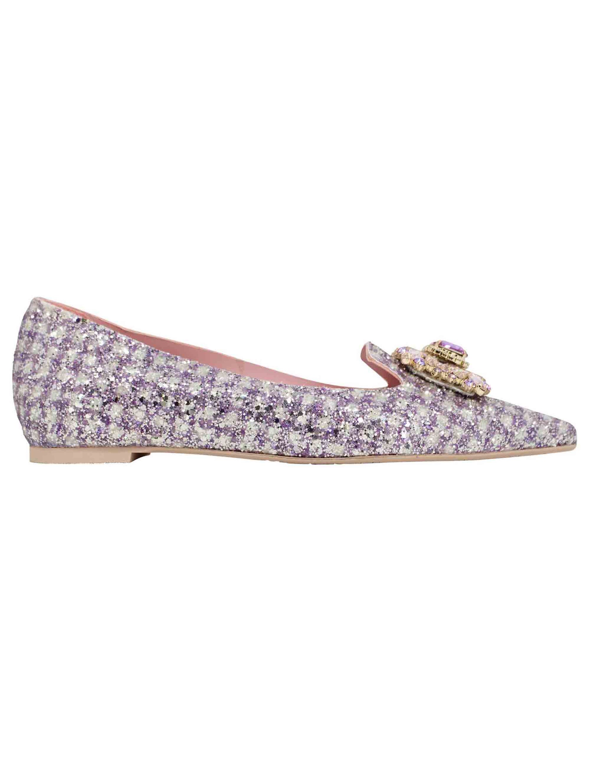 Women's ballet flats in lilac fabric with jewel and pointed toe
