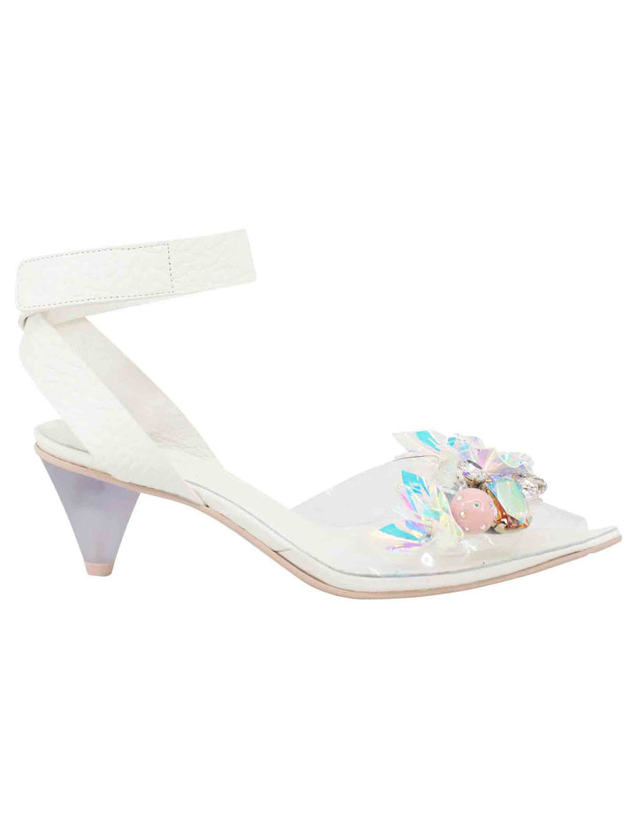 Sandali donna in pelle bianca con cinturino alla caviglia e accessori luminosi 7600 100 Ras 