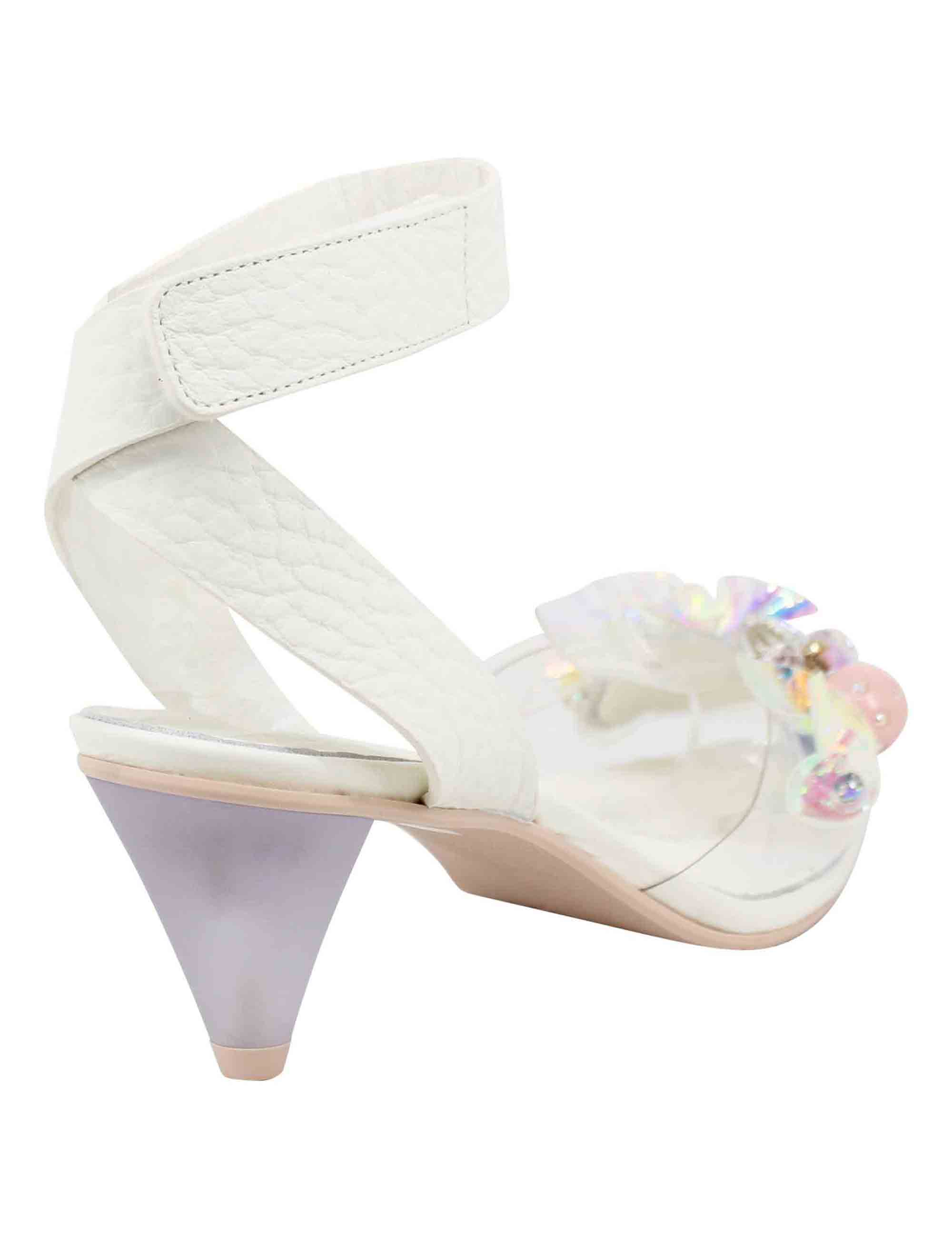 Sandali donna in pelle bianca con cinturino alla caviglia e accessori luminosi 7600 100 Ras 