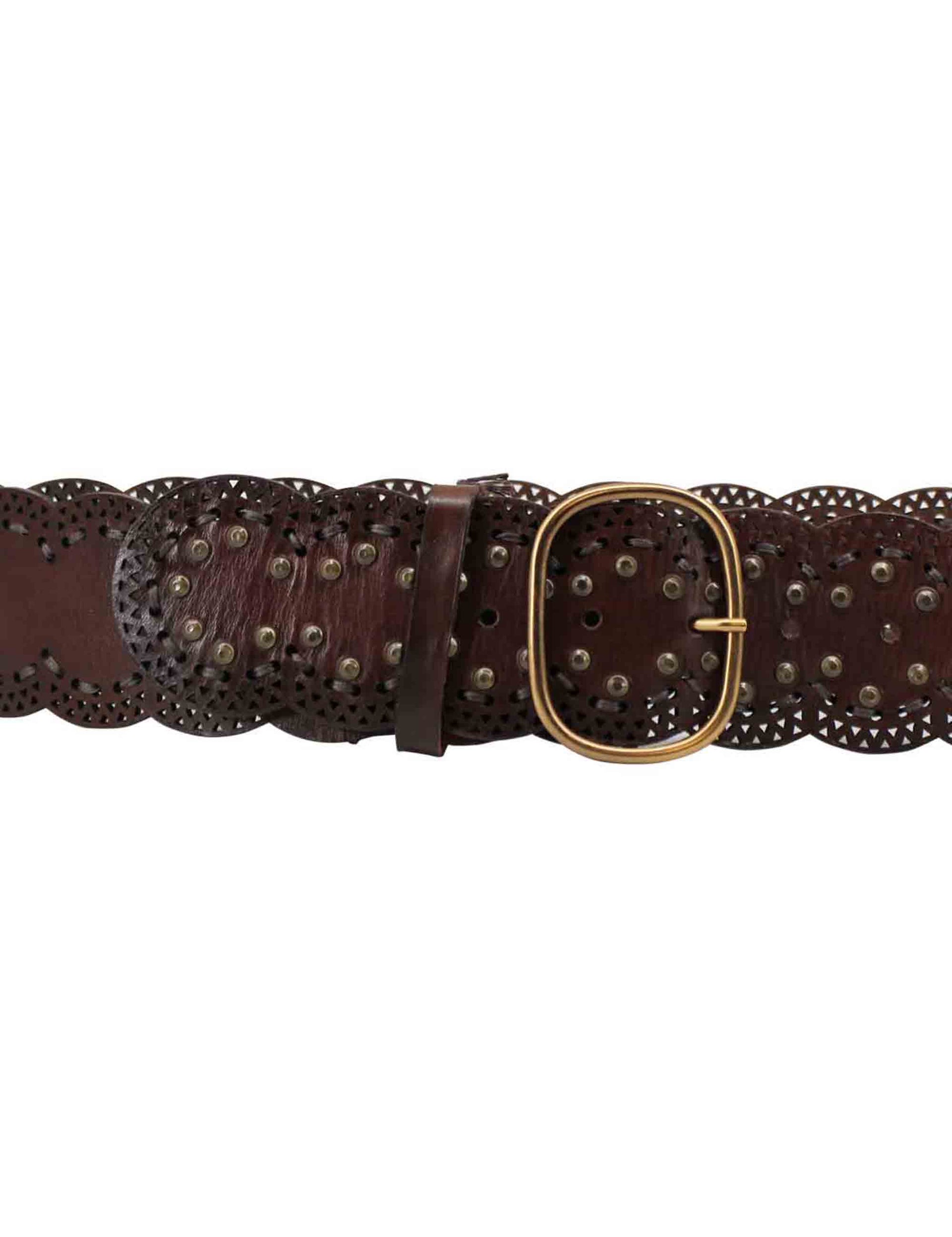 Women's belts in dark brown leather with buckle and studs