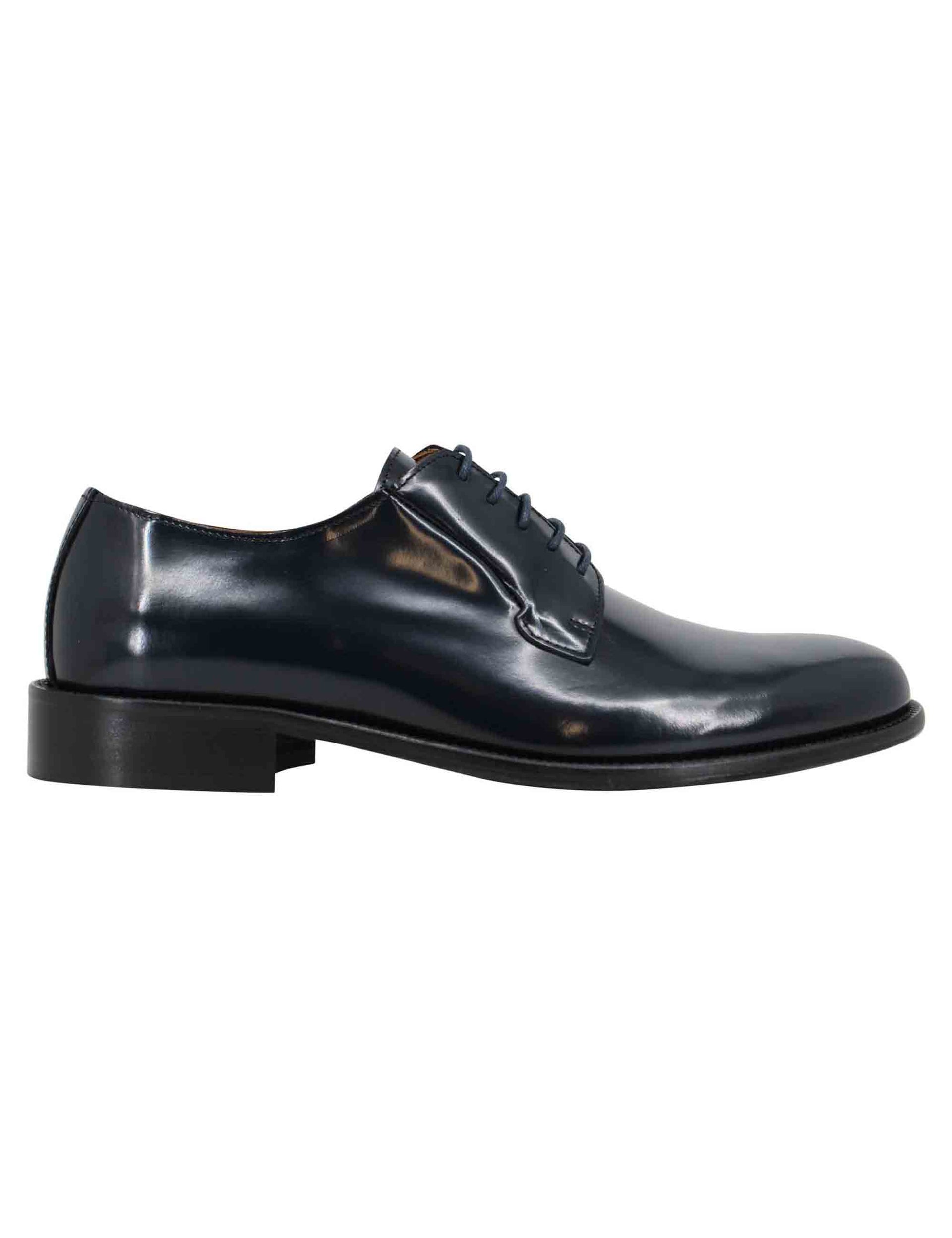Men's lace-ups in blue shiny leather with stitched leather sole