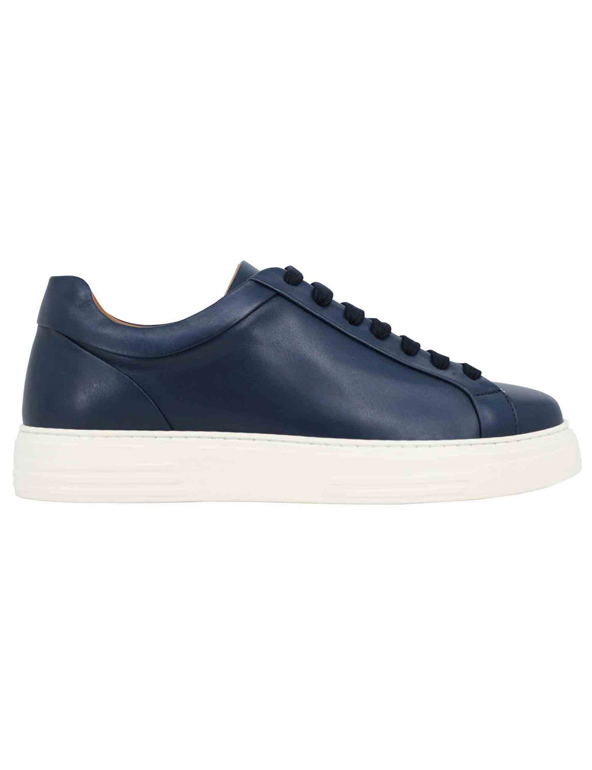 Men's blue leather sneakers with high extra light rubber sole