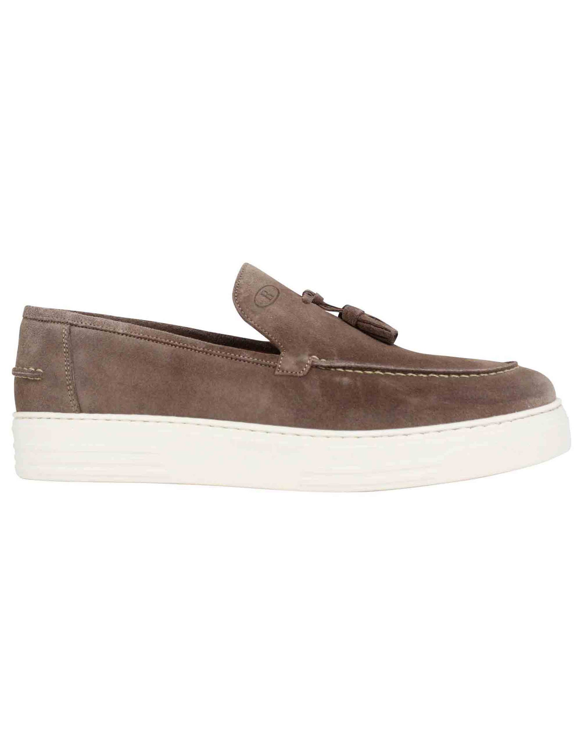 Men's moccasins in taupe suede with rubber sole