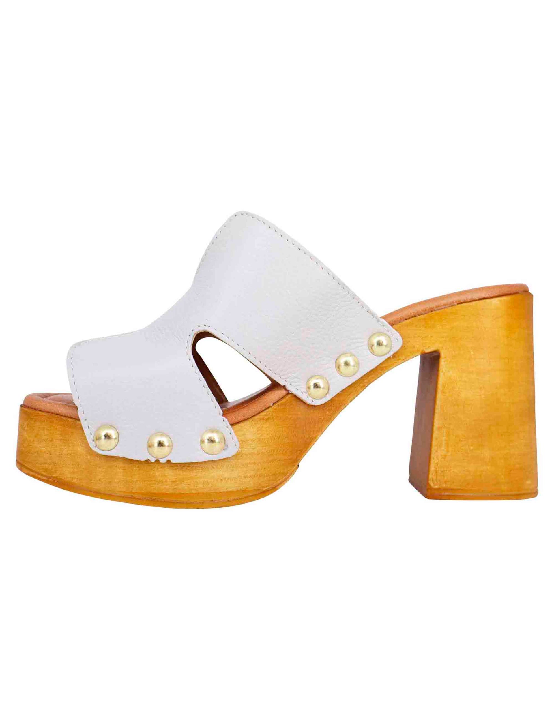 Women's clog sandals in white leather with gold buckles and high heel