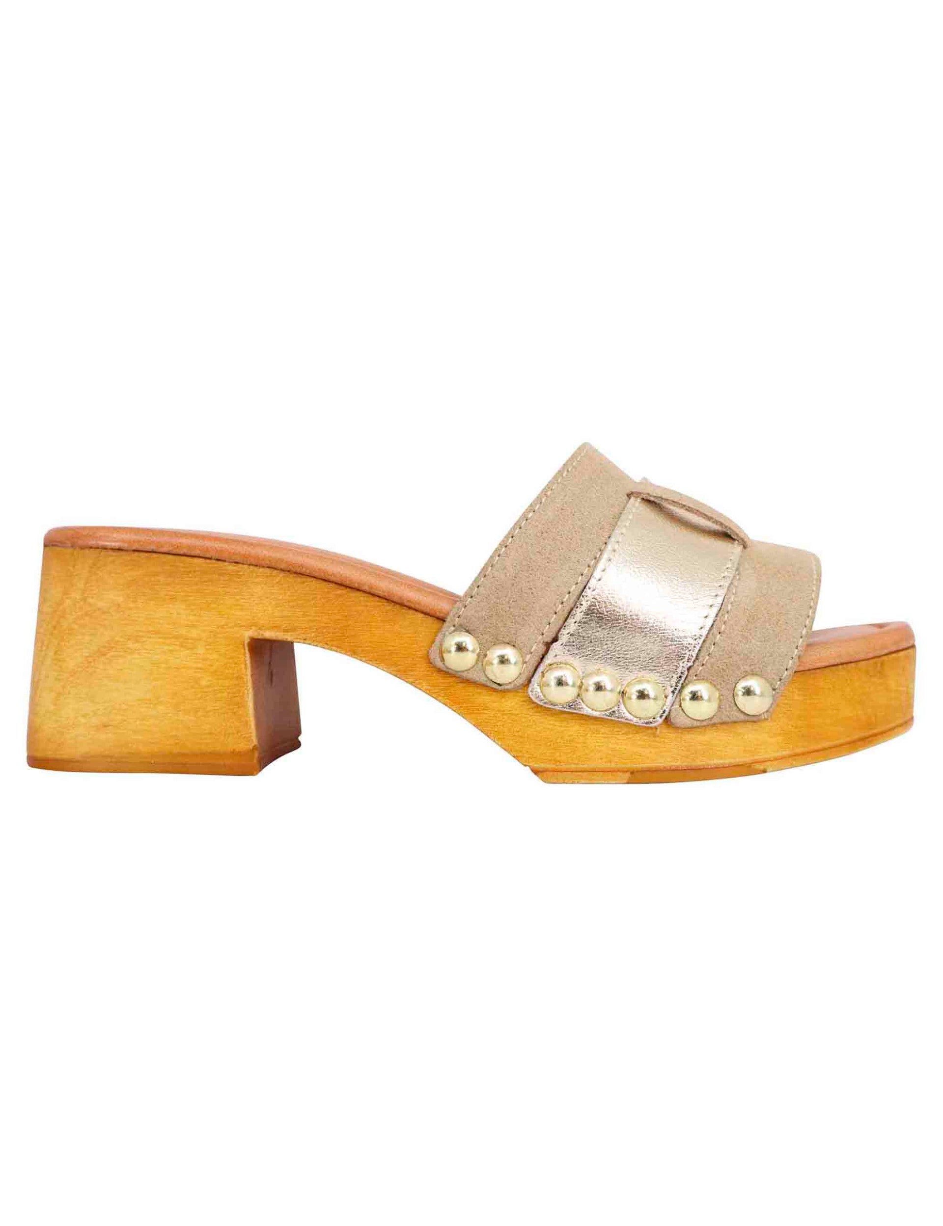 Women's clog sandals in gold leather with studs