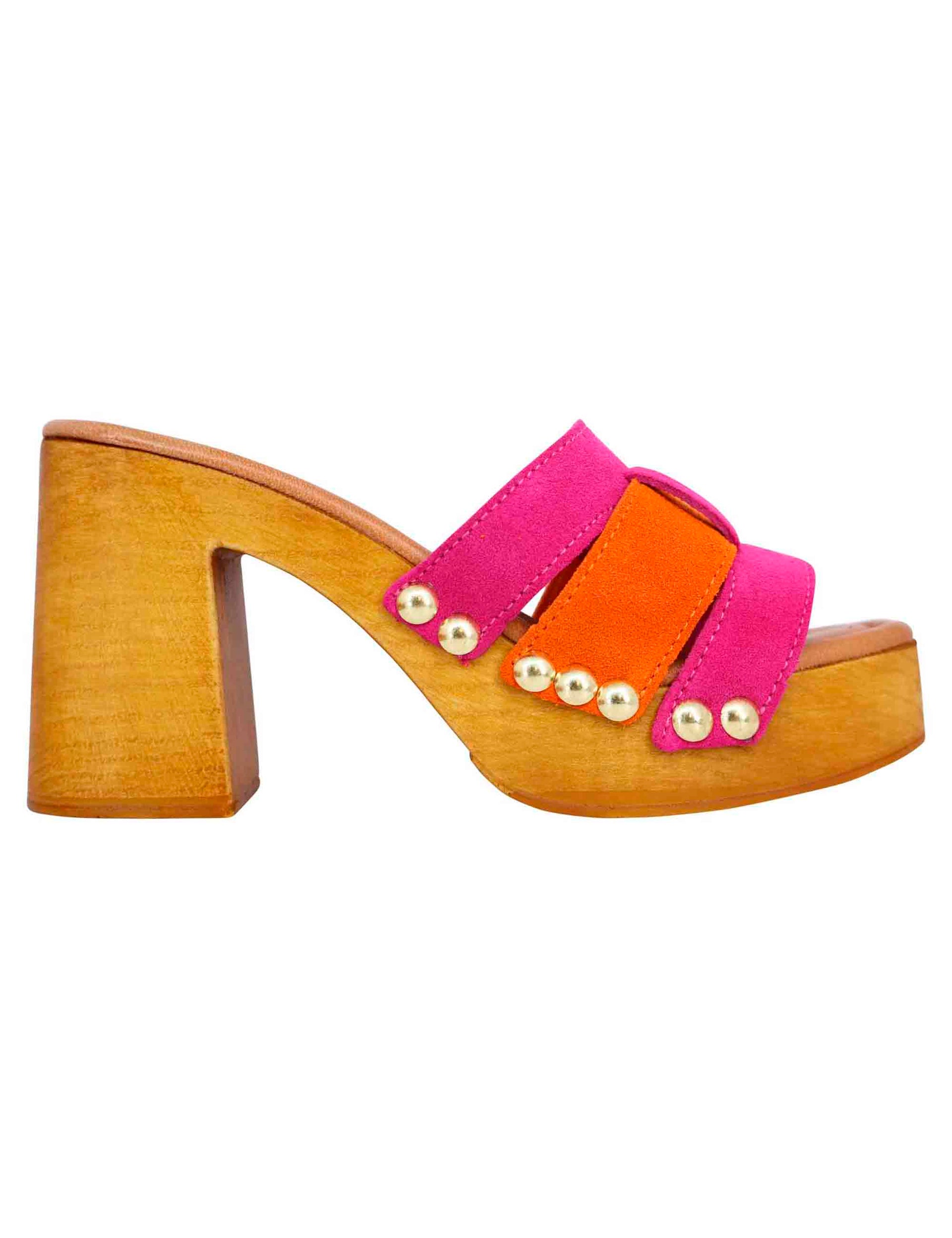 Women's clog sandals in fuchsia suede with high heel and padded insole