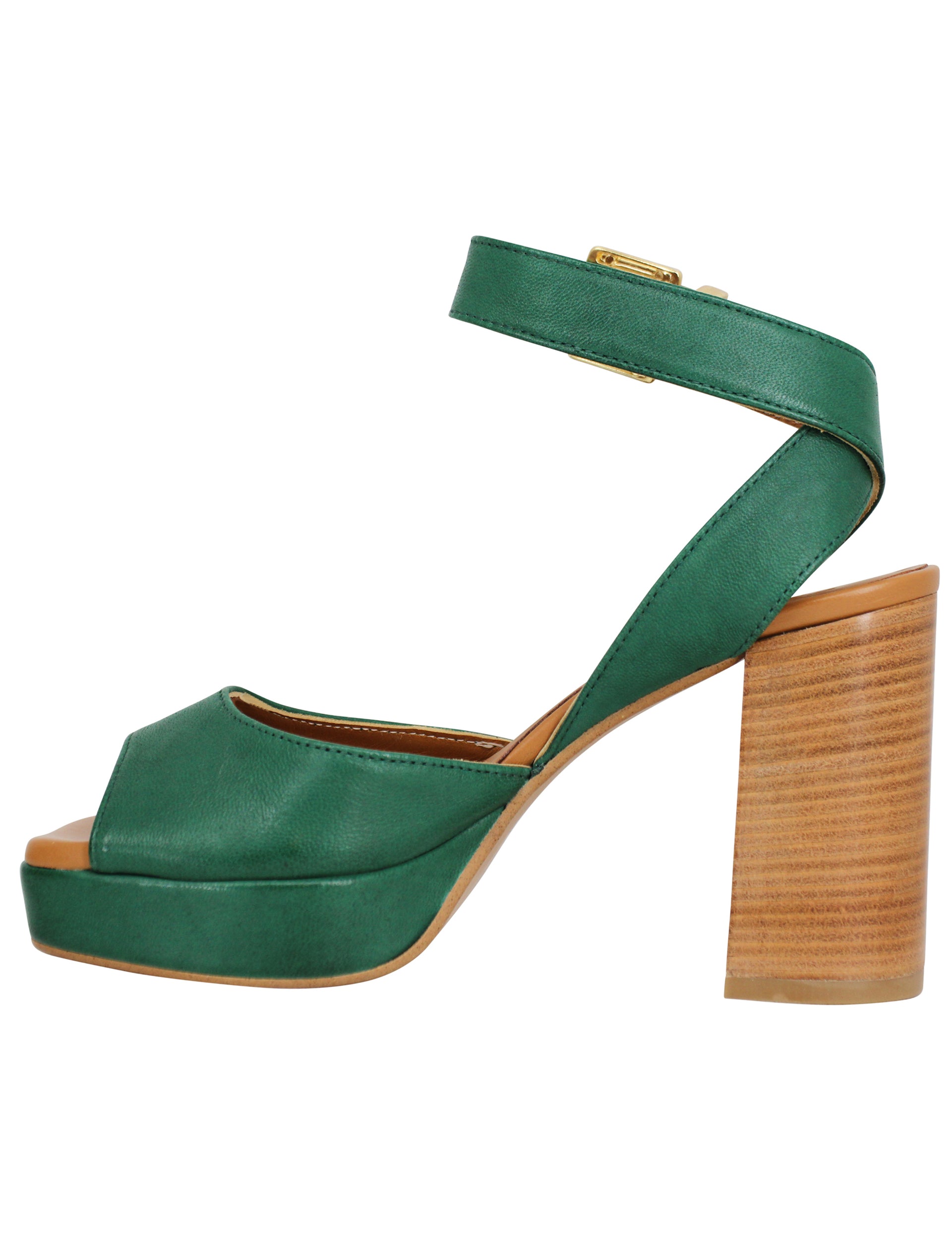 Women's green leather sandals with high leather heel and platform