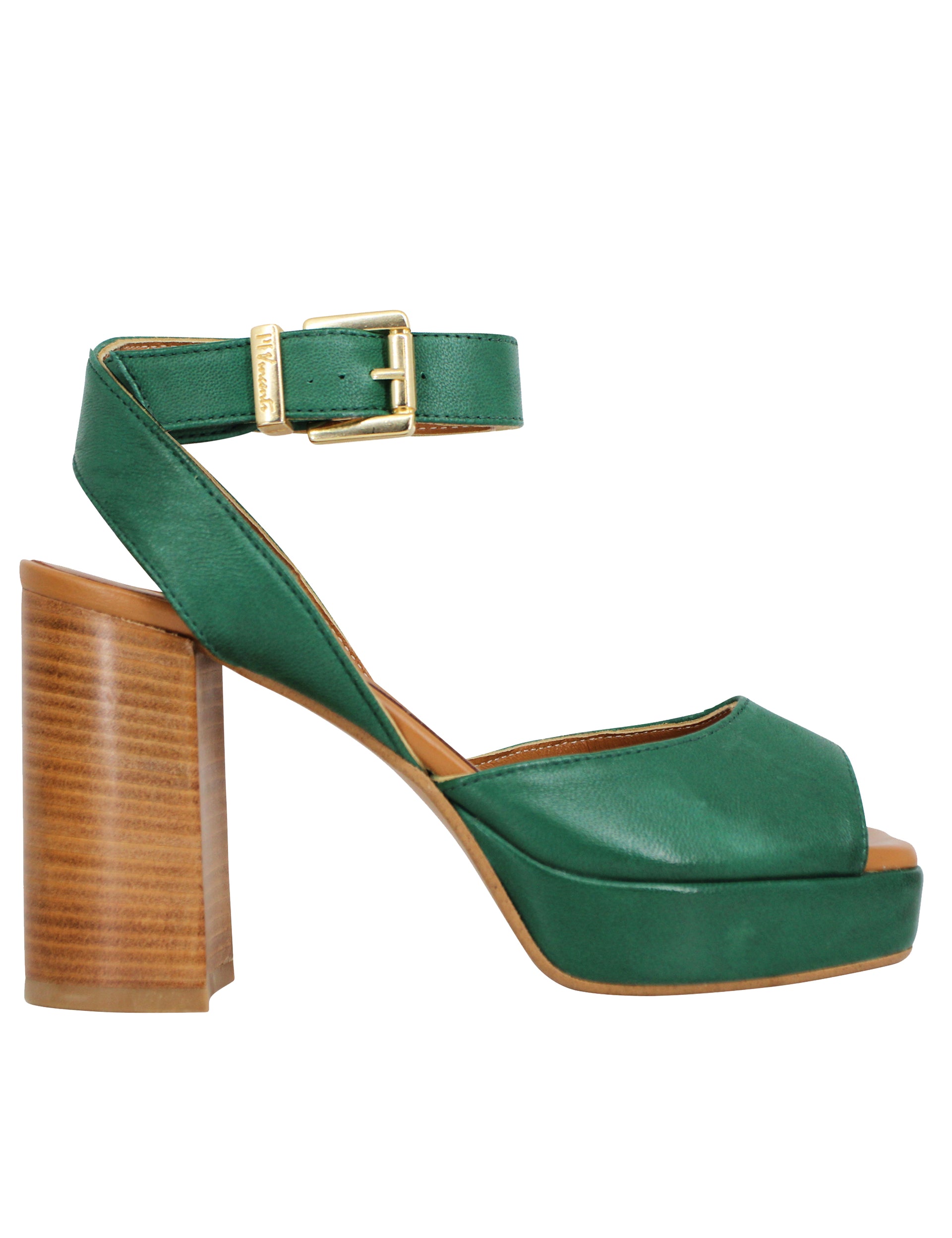 Women's green leather sandals with high leather heel and platform