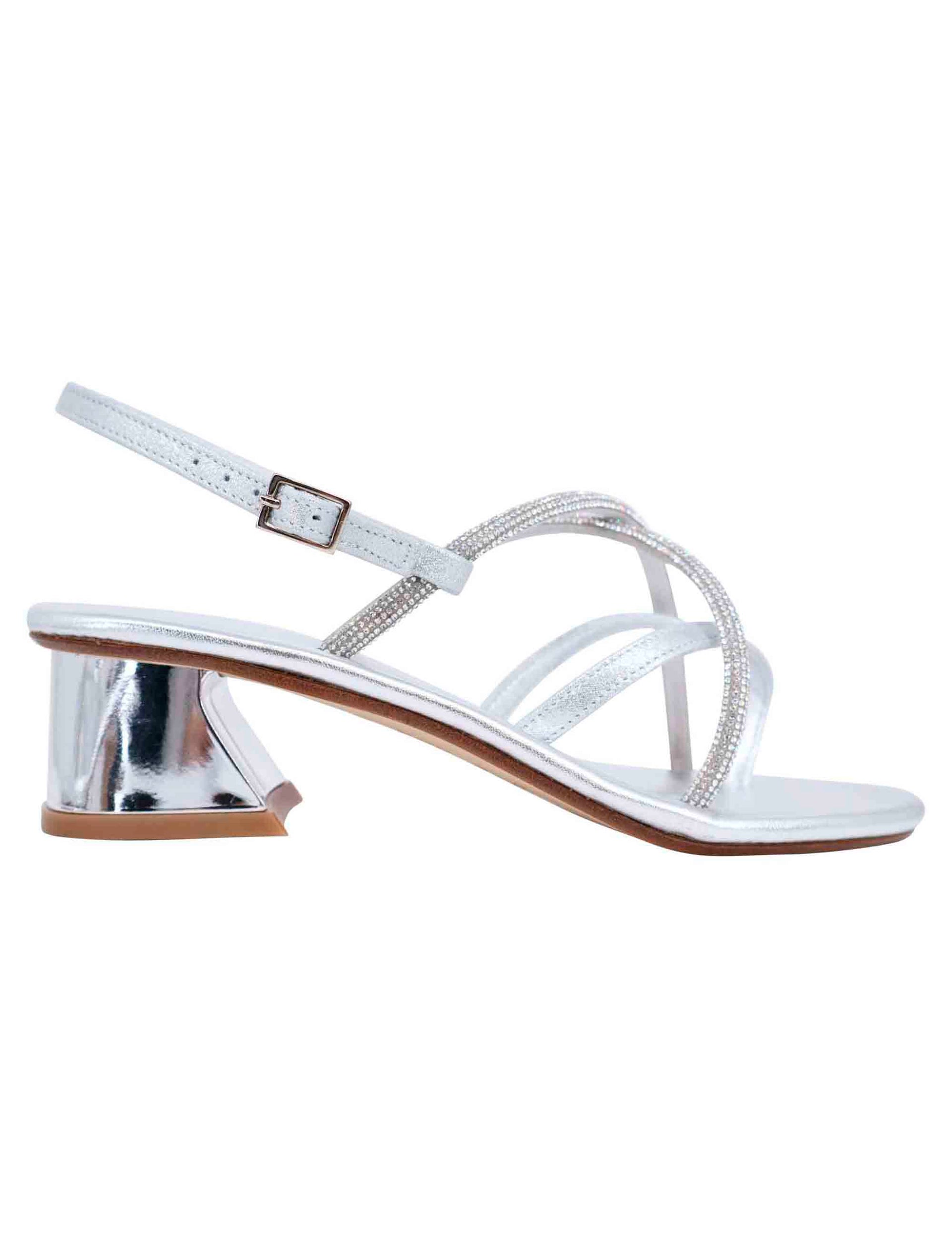 Sandali slingback donna in strass argento con tacco gioiello