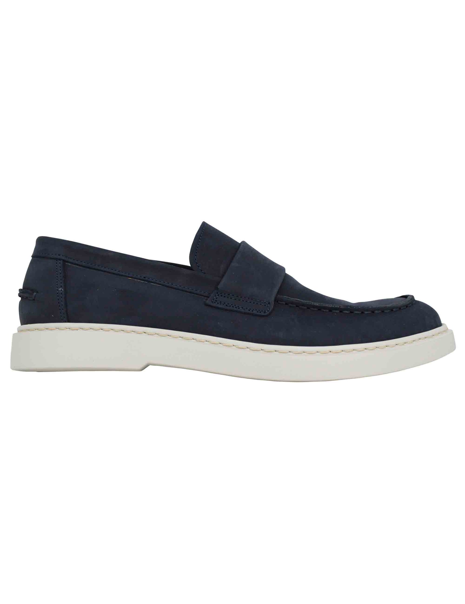 Men's moccasins in blue suede with white rubber sole