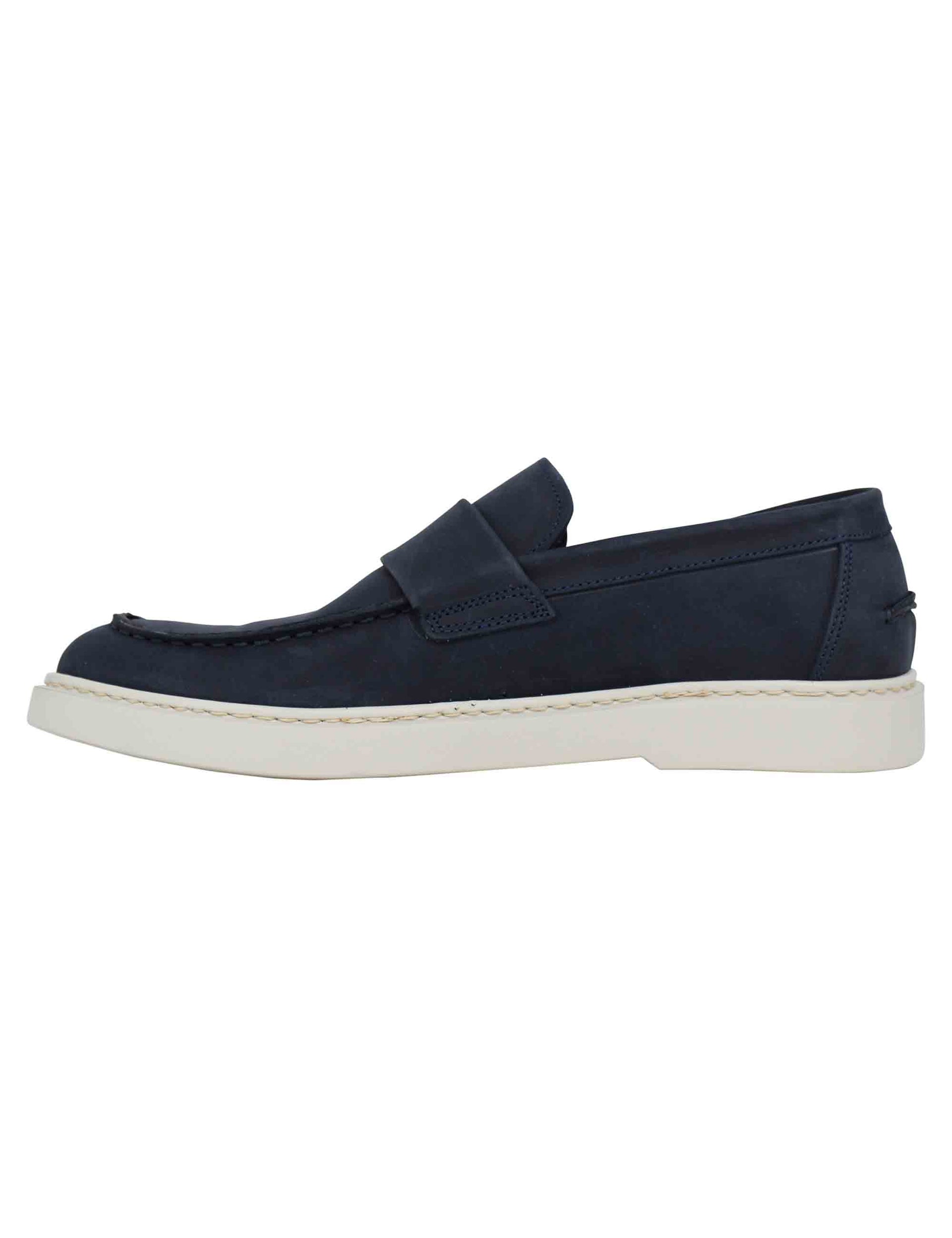 Men's moccasins in blue suede with white rubber sole