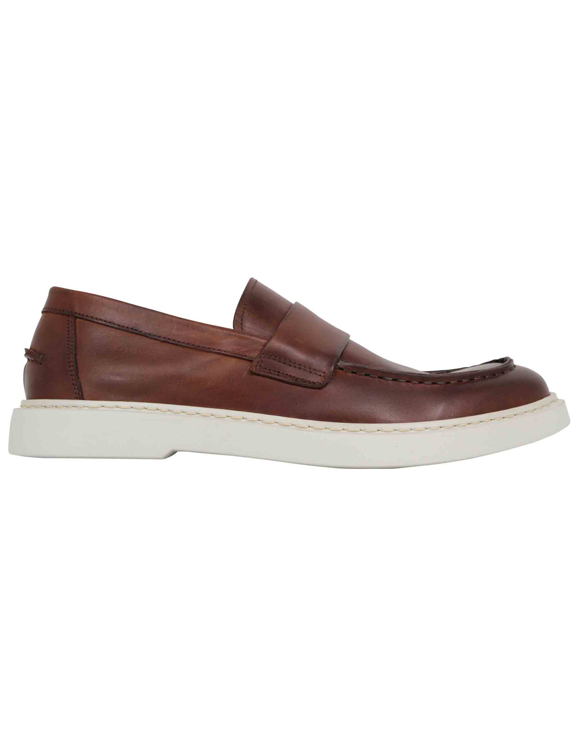 Men's brown leather loafers with white rubber sole