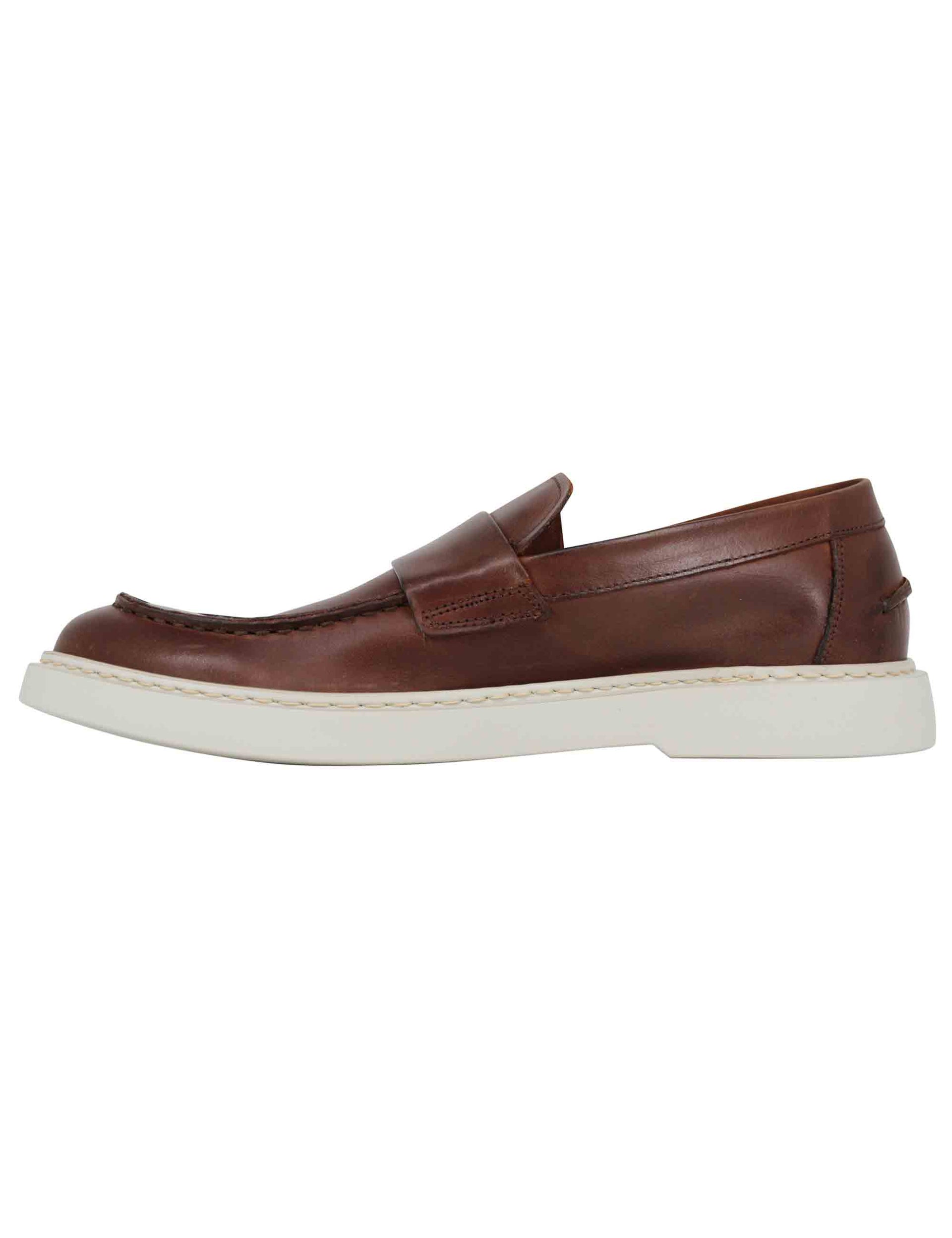 Men's brown leather loafers with white rubber sole