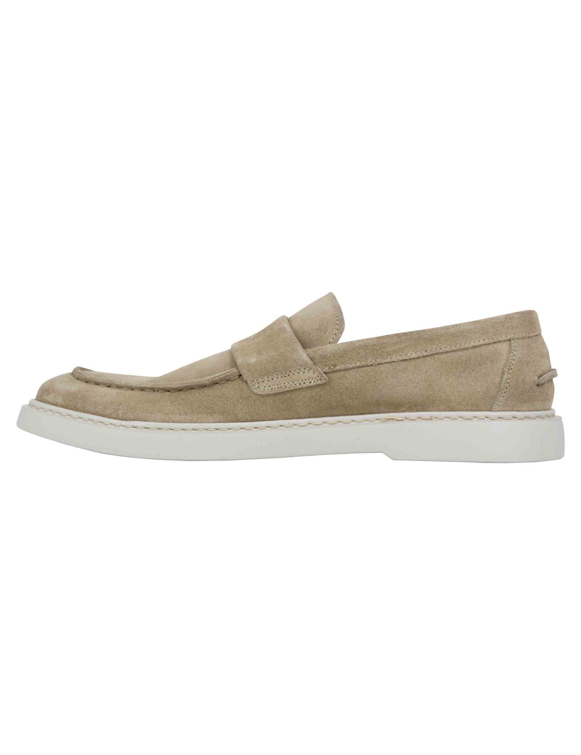 Men's beige suede loafers with white rubber sole