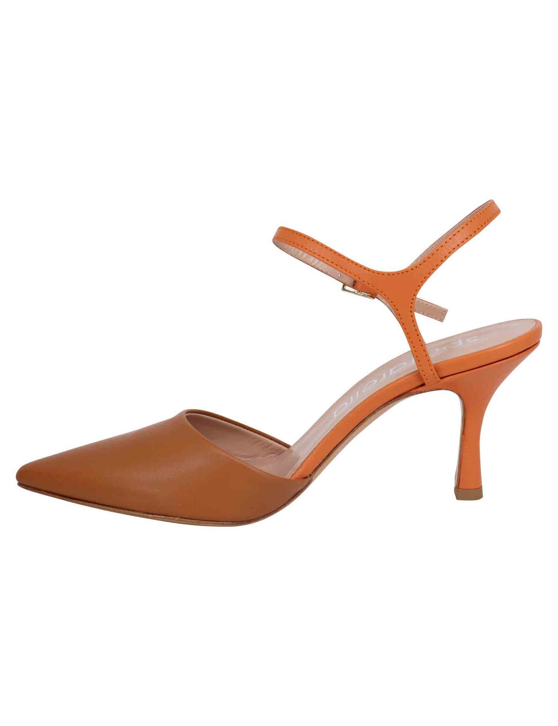 Women's sandals in tan leather with high heel and ankle strap