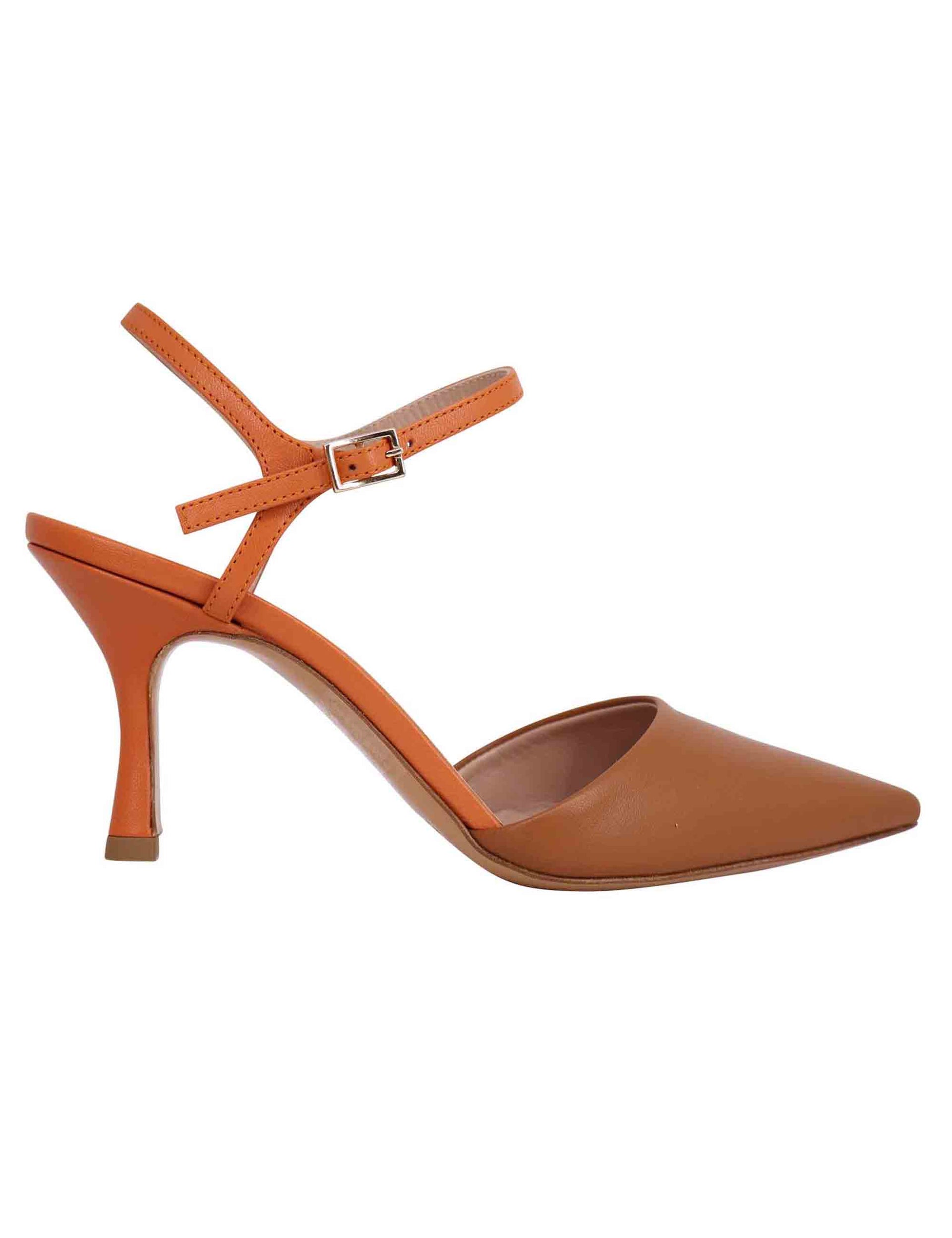 Women's sandals in tan leather with high heel and ankle strap