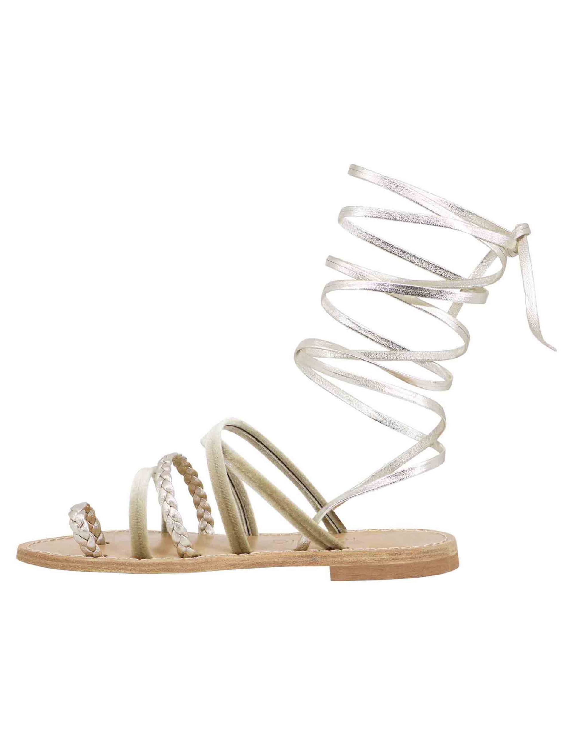 Women's flat sandals in silver woven leather with ankle straps