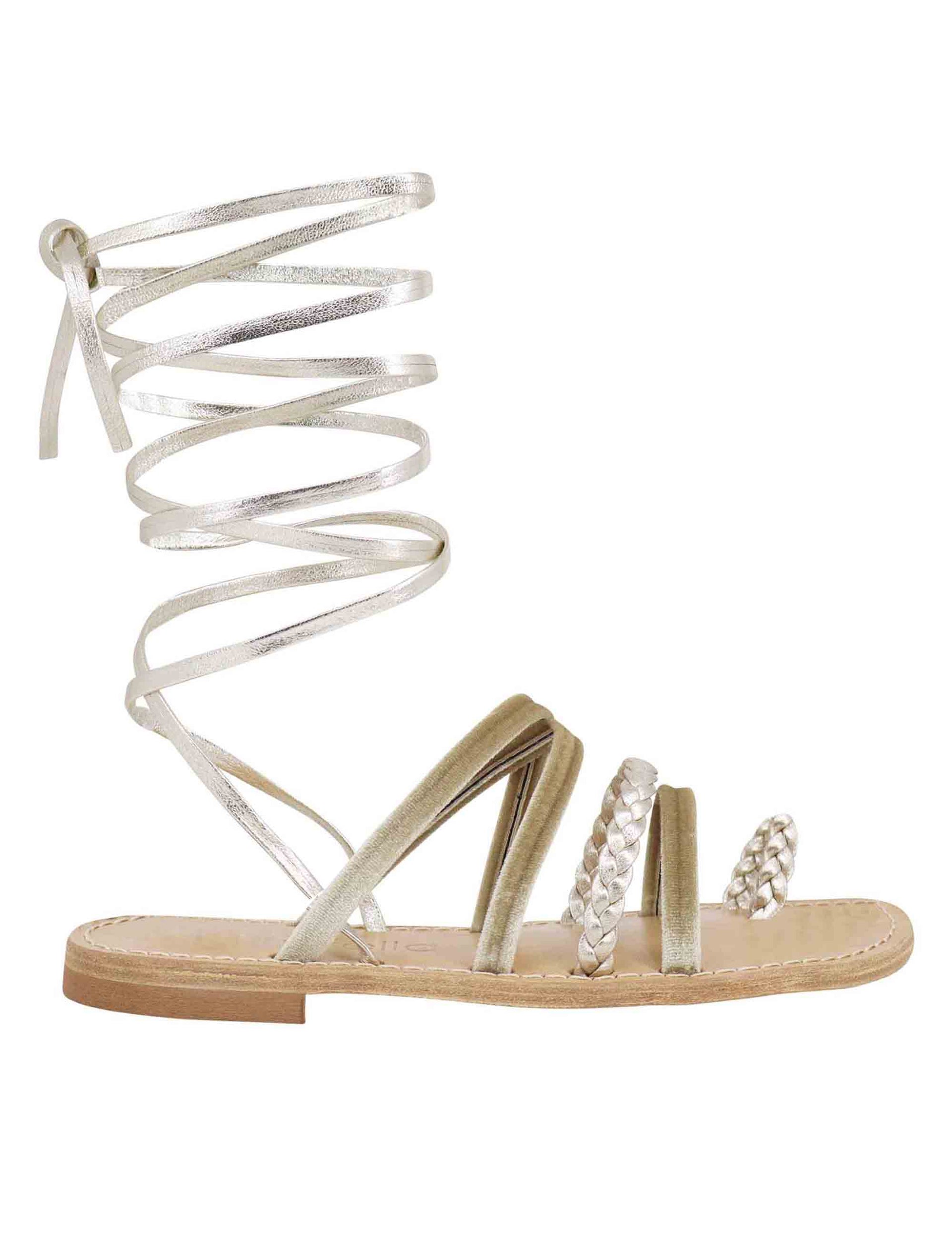 Women's flat sandals in silver woven leather with ankle straps
