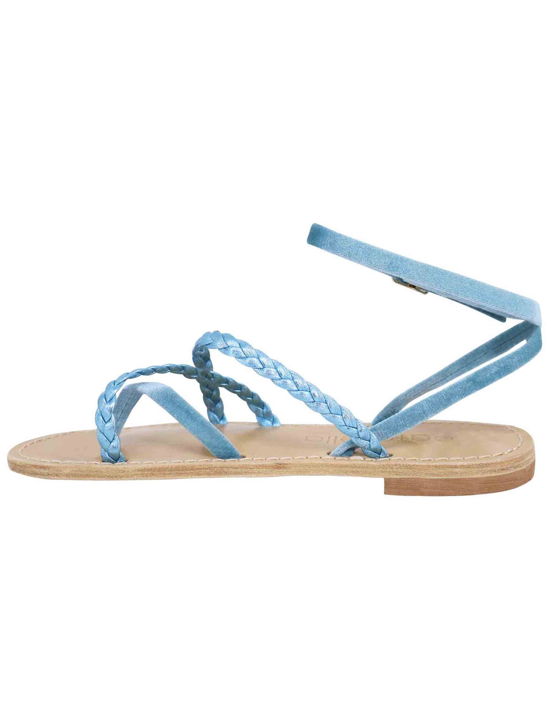 Women's flat sandals in light blue laminated nappa leather and chenille with ankle strap