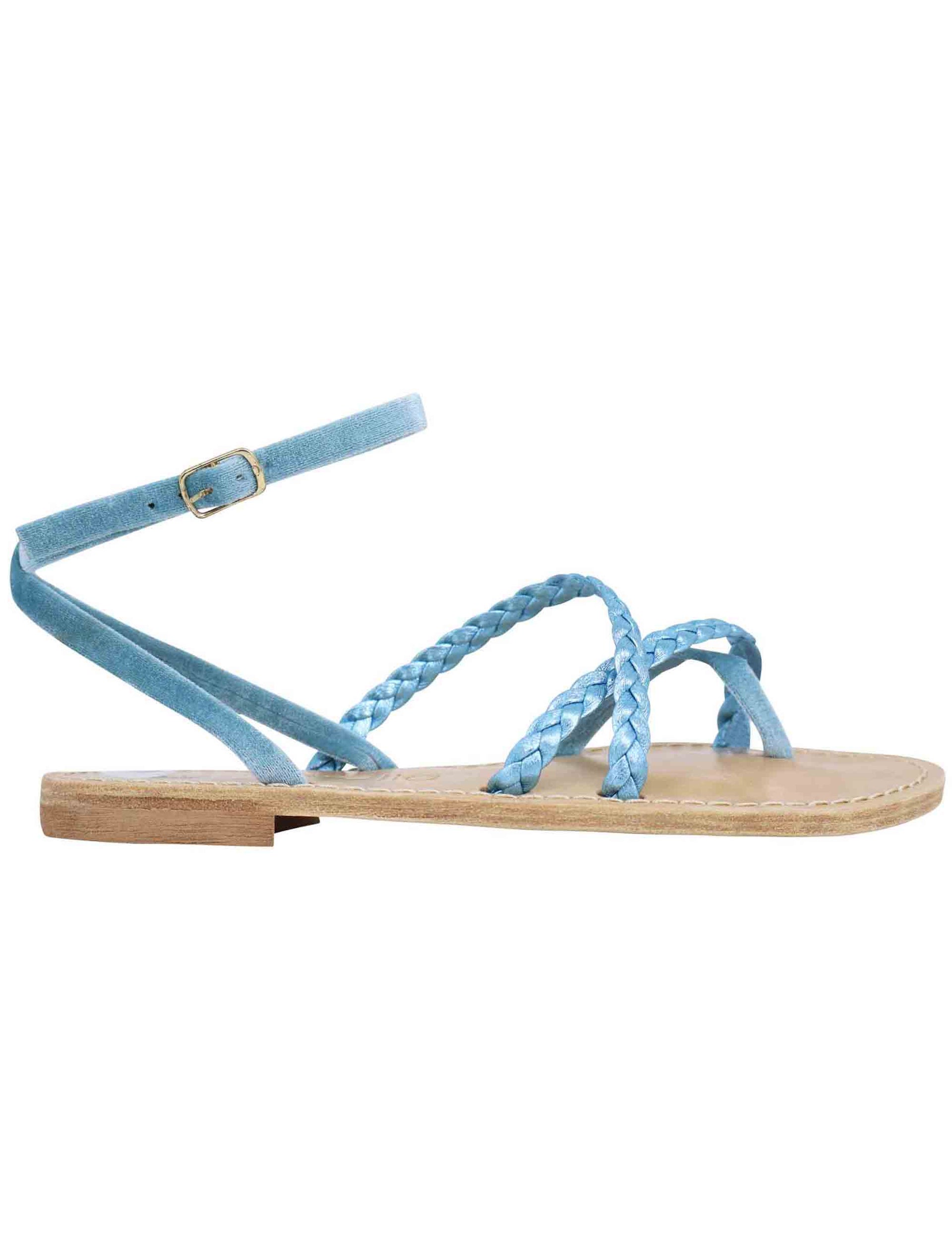 Women's flat sandals in light blue laminated nappa leather and chenille with ankle strap