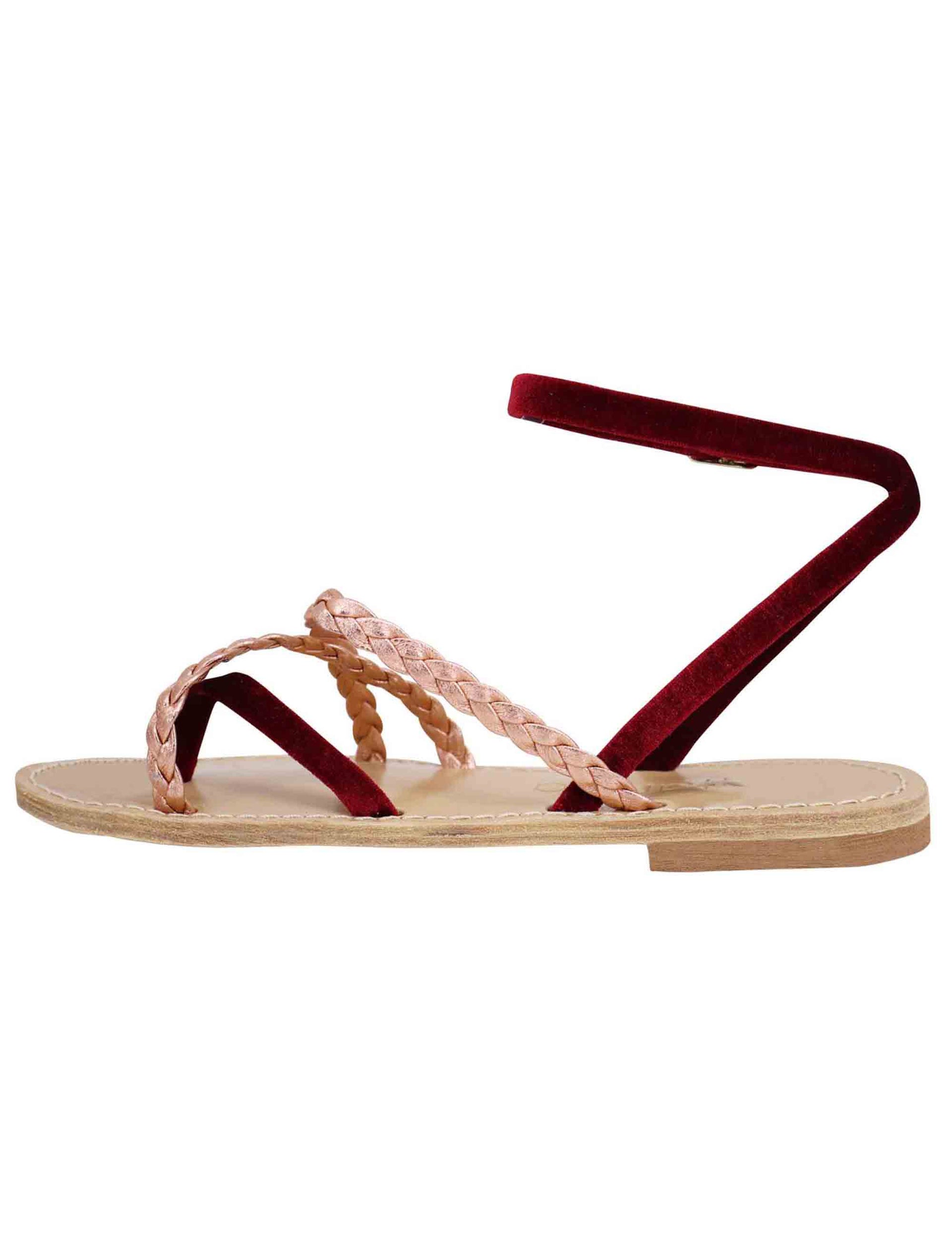 Women's flat sandals in gold laminated nappa leather and chenille with ankle strap