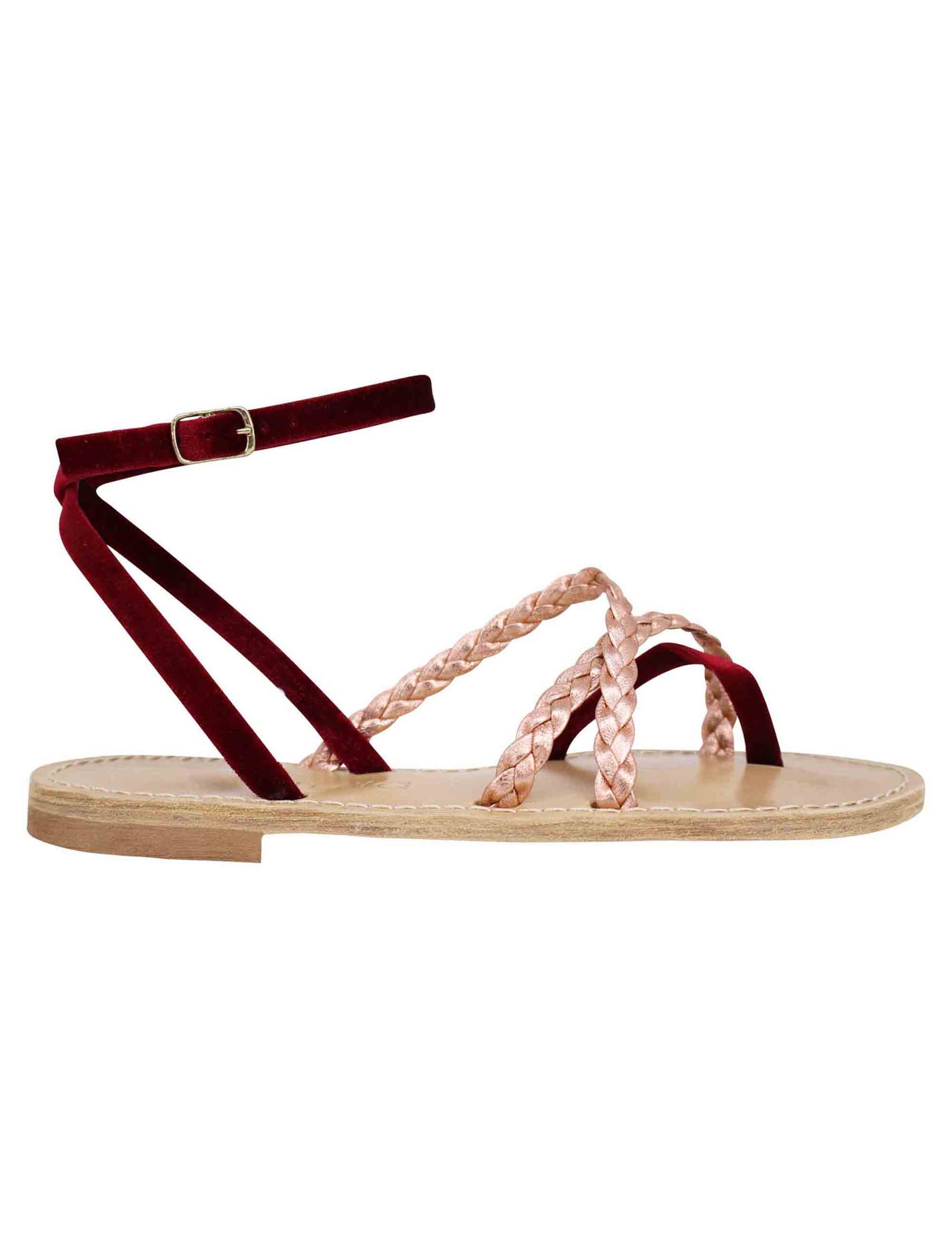 Women's flat sandals in gold laminated nappa leather and chenille with ankle strap