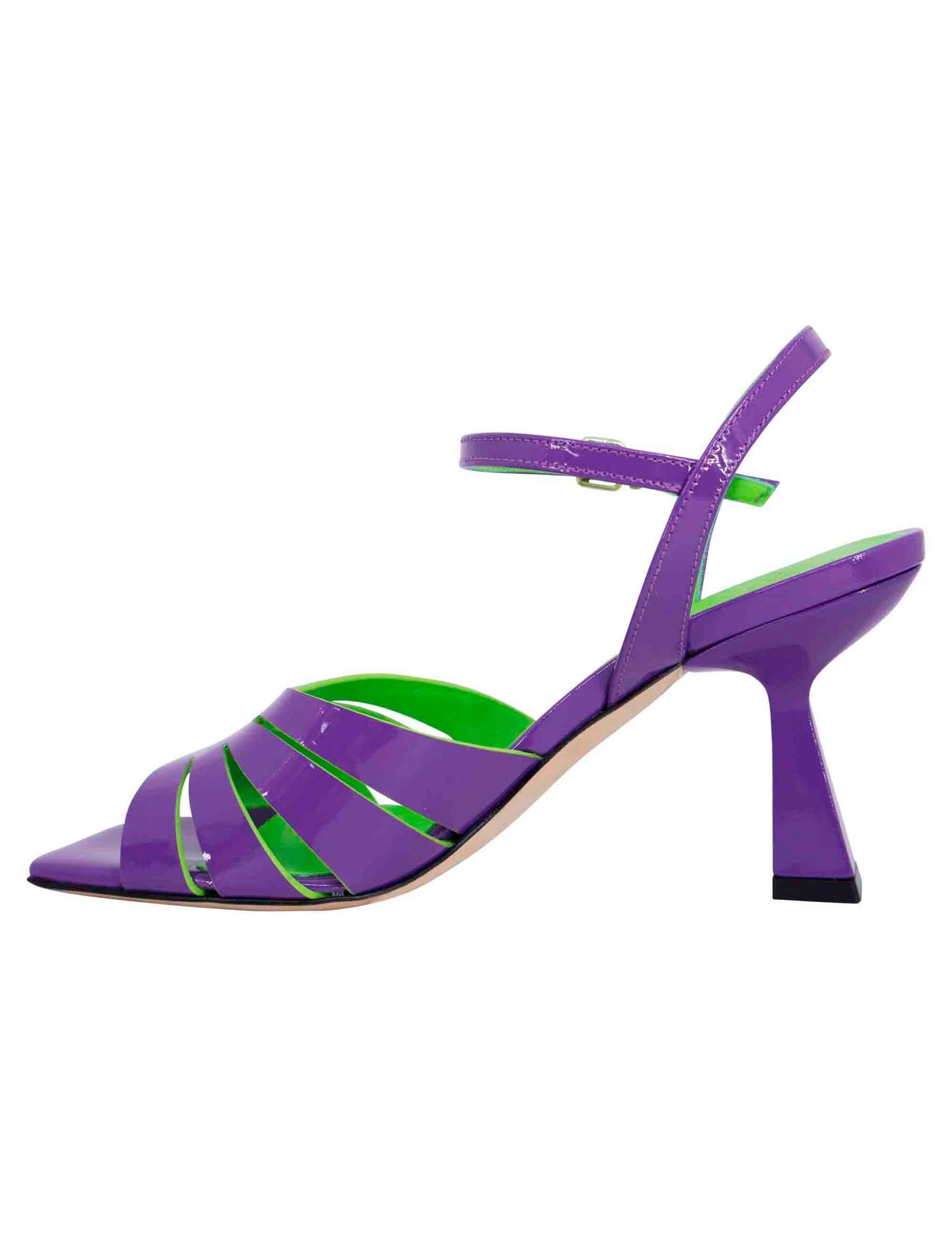 Women's purple patent leather sandals with high heel and ankle strap