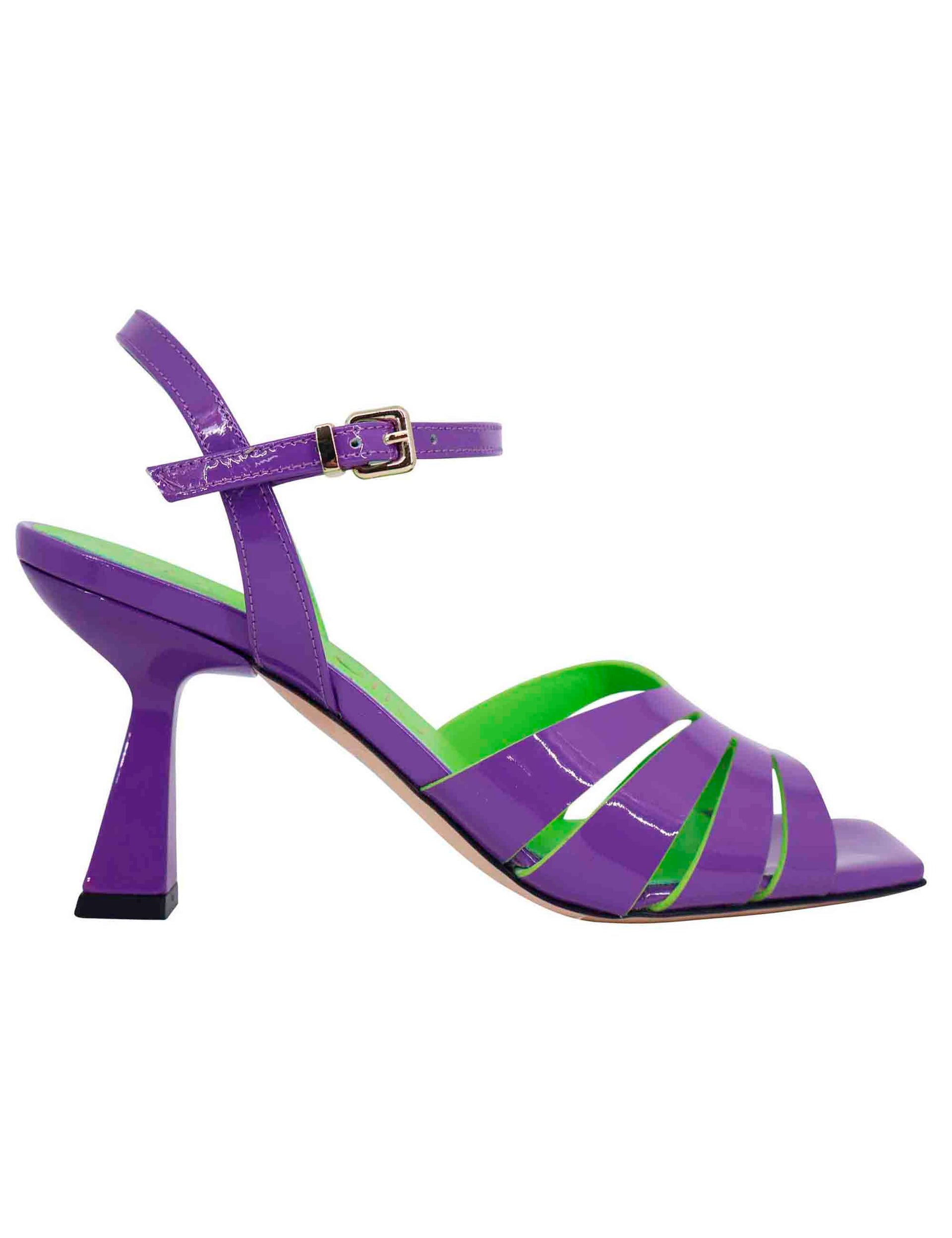 Women's purple patent leather sandals with high heel and ankle strap