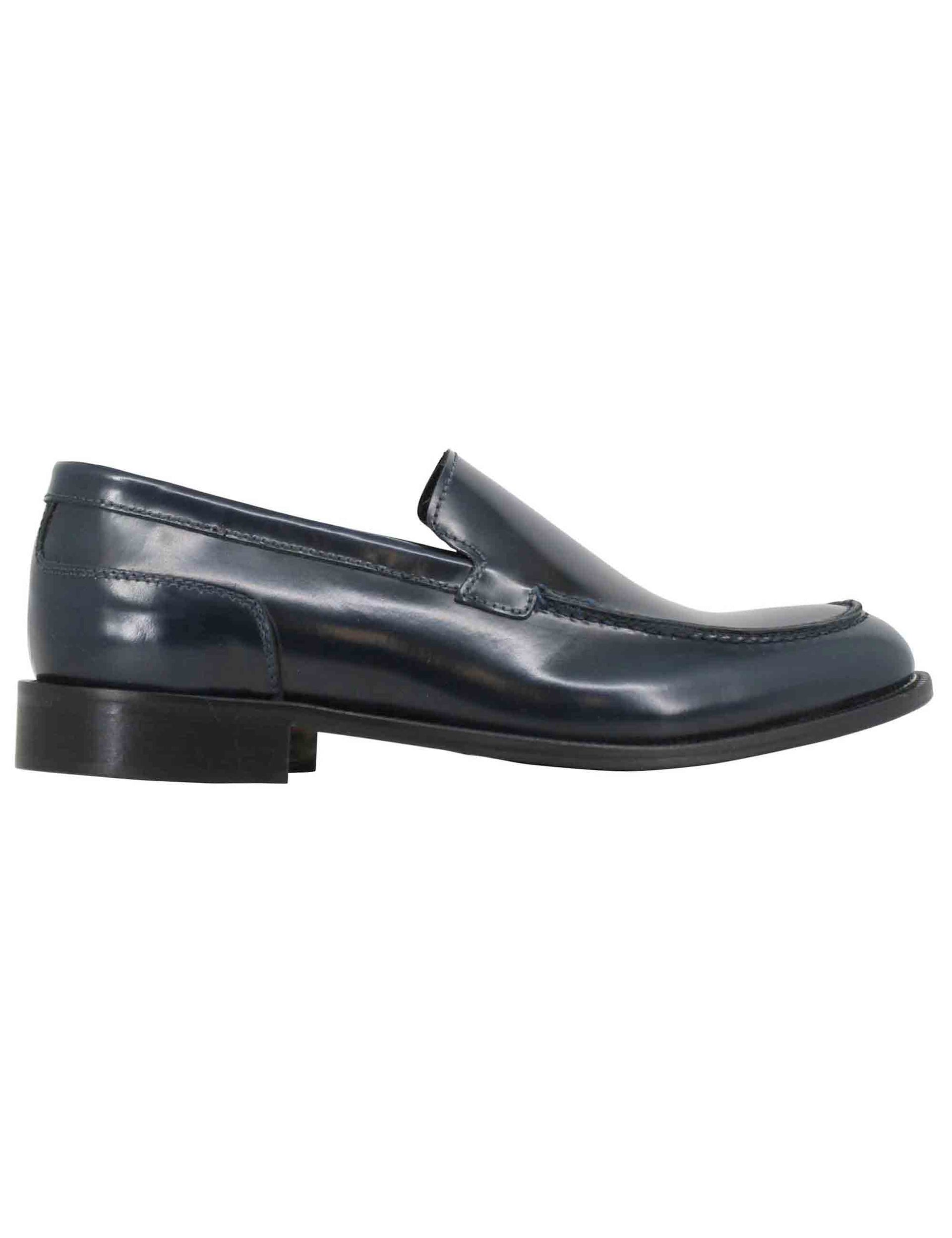 Men's blue leather loafers with smooth flap and stitched leather sole
