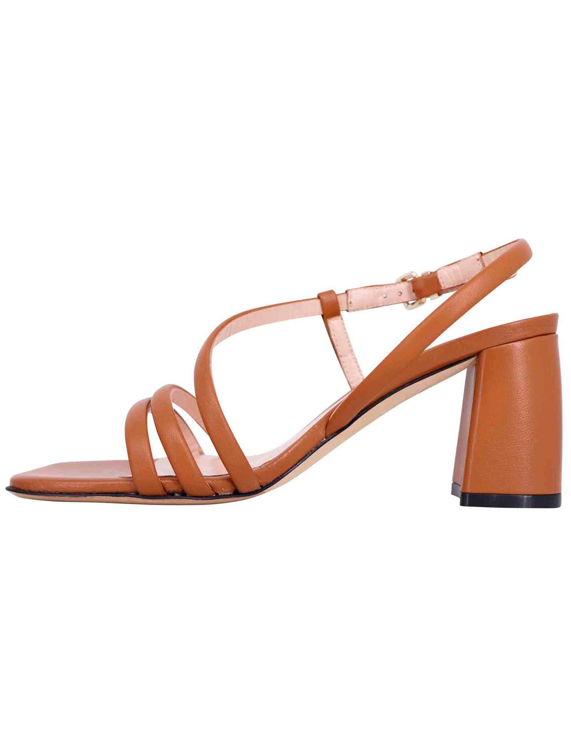 Women's slingback sandals in tan leather with chunky heel and square toe