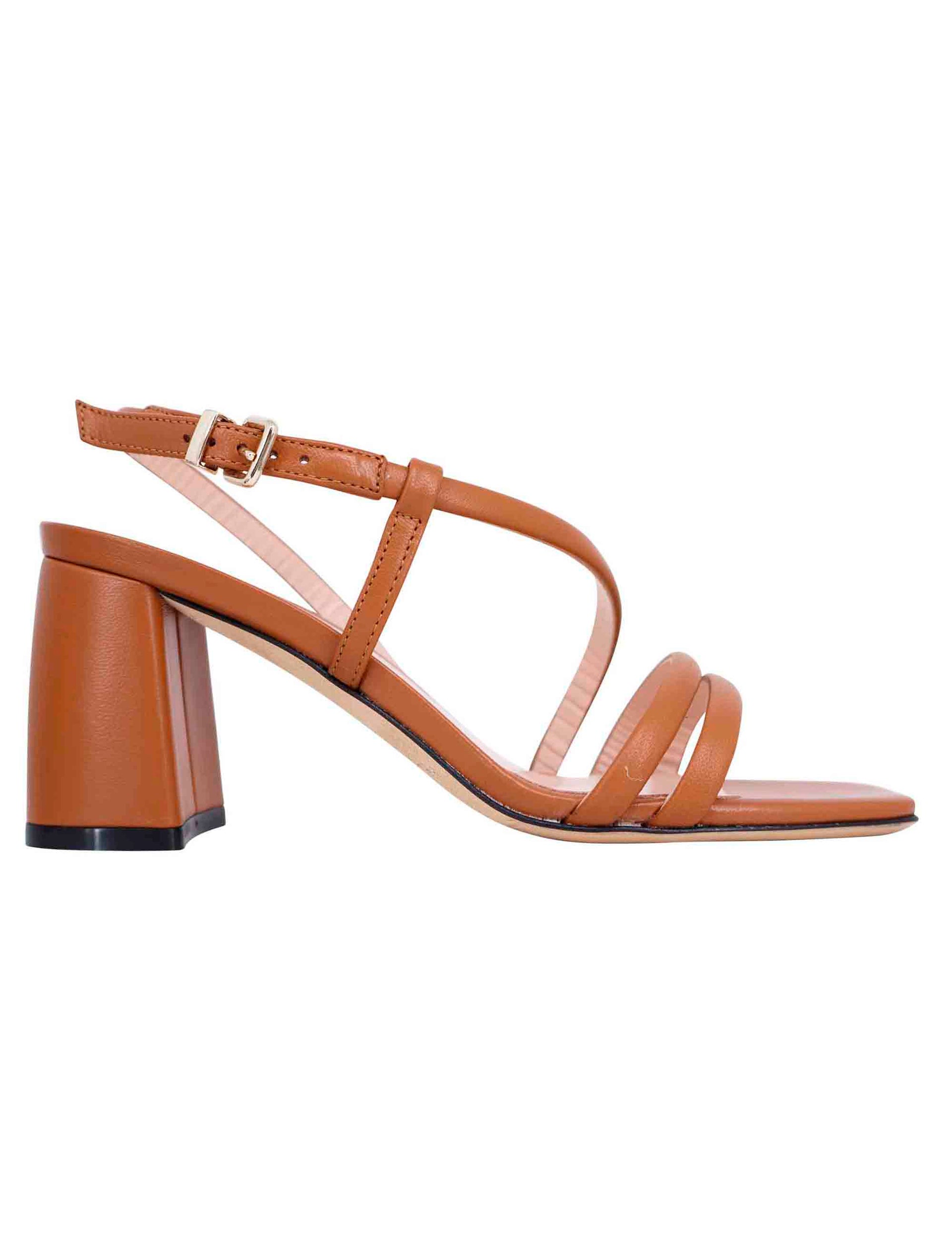 Women's slingback sandals in tan leather with chunky heel and square toe